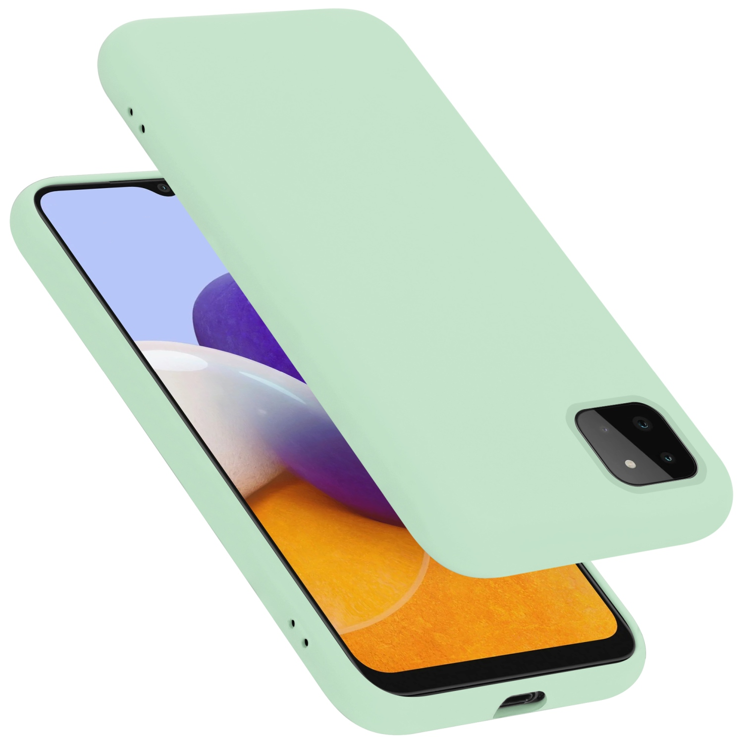 Minzgrüne Handyhülle mit Telefon im Inneren, zeigt den Bildschirm.