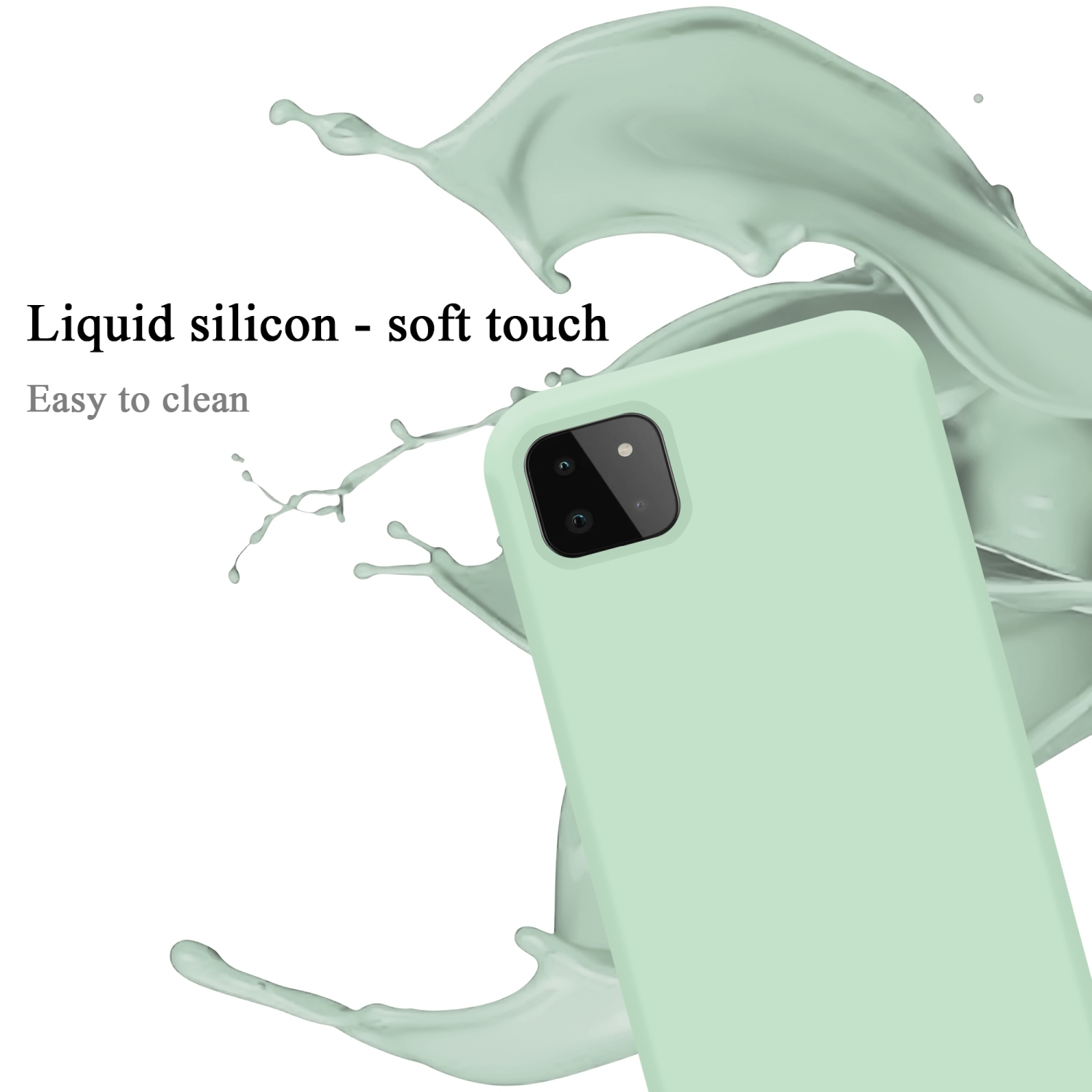 Eine hellgrüne Handyhülle mit Spritzeffekt. Text weist auf Soft-Touch und einfache Reinigung hin.