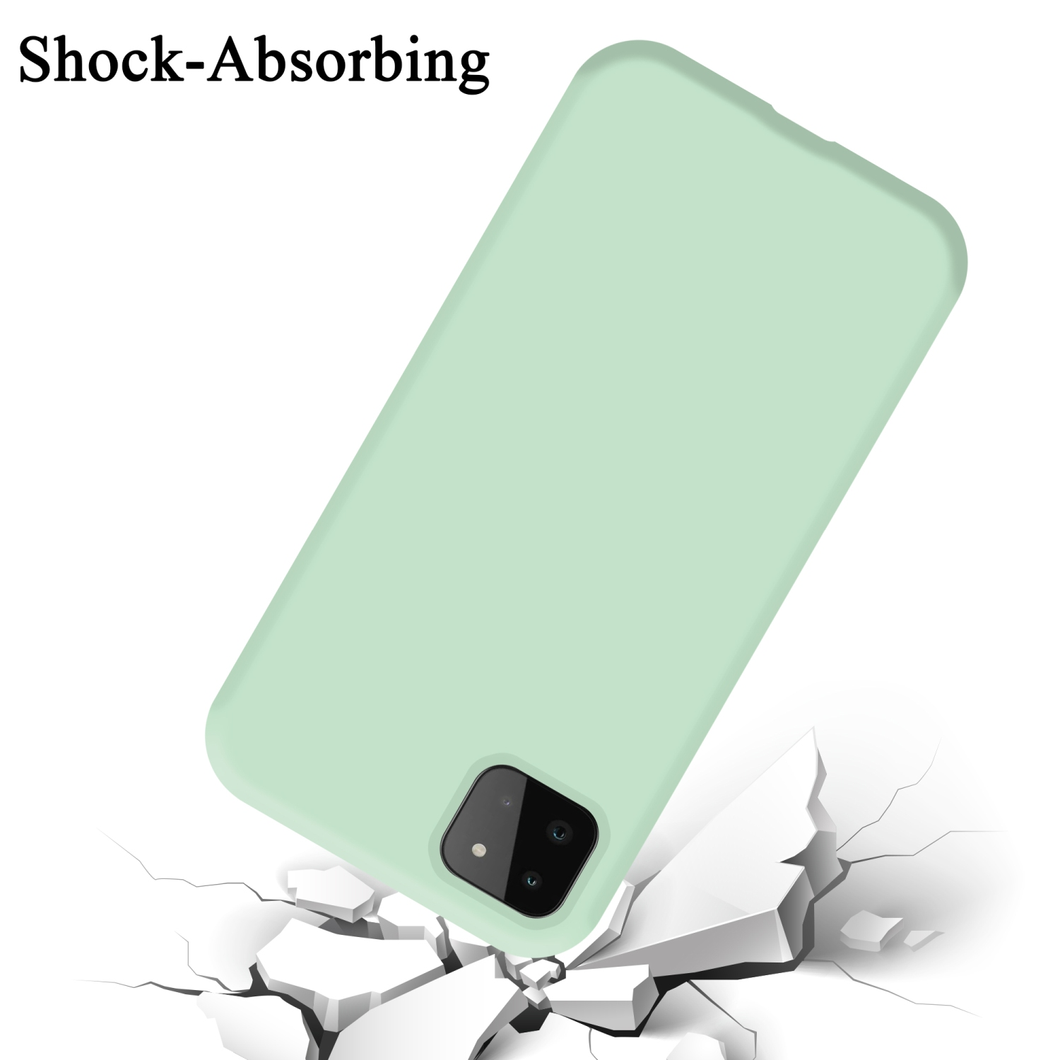 Eine hellgrüne Handyhülle mit einem Smartphone-Modell, das auf zerbrochenem Boden liegt und Stoßdämpfung zeigt.