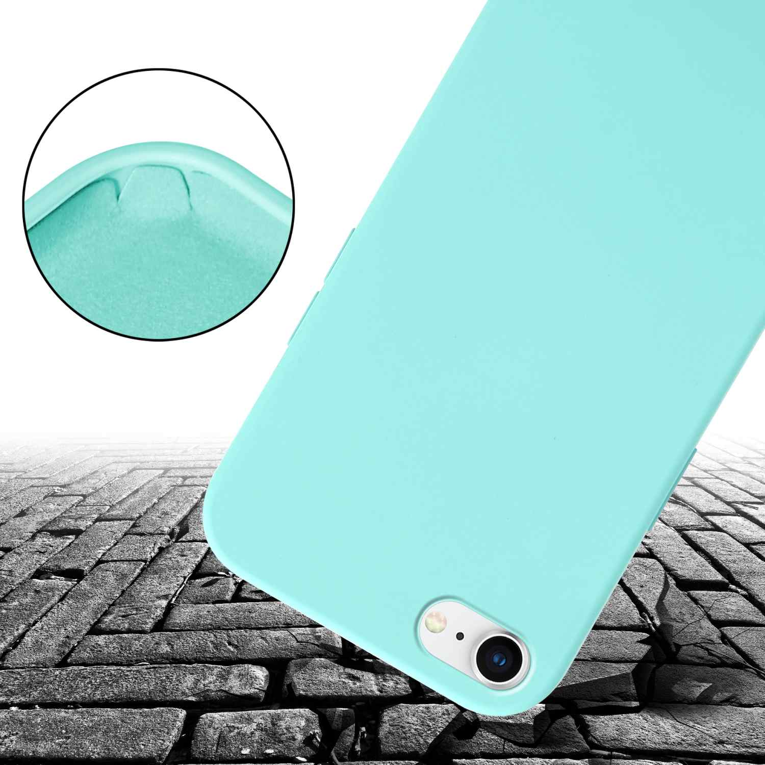 Custodia turchese per telefono con fotocamera e piccolo dettaglio su superficie di mattoni.