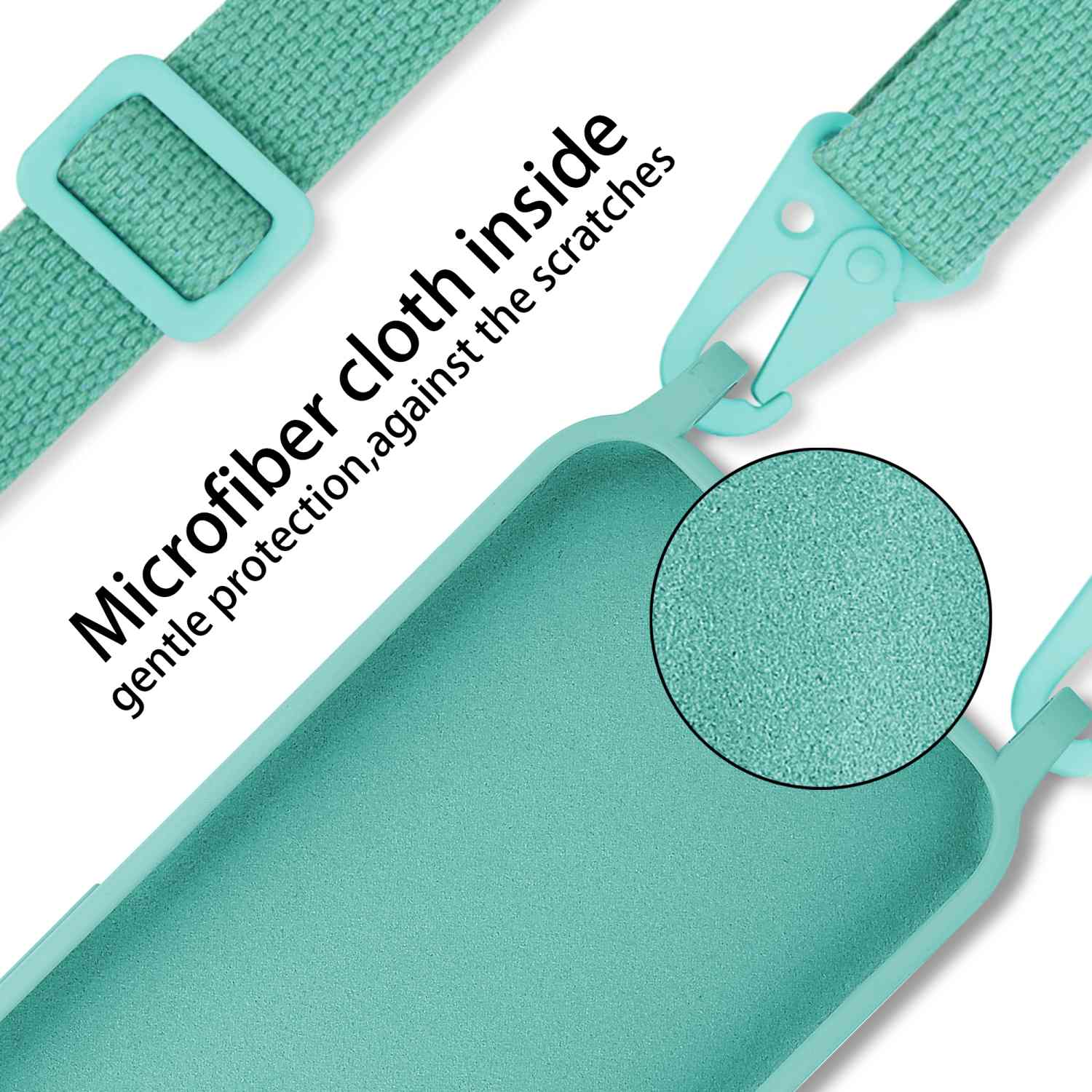 Custodia per telefono turchese con cinturino azzurro, testo: 'Panno in microfibra interno'.