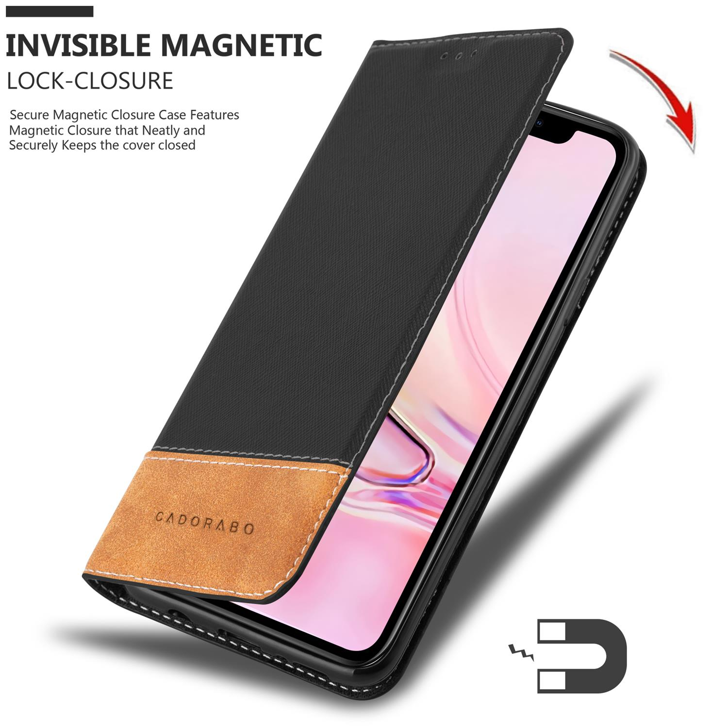 Eine schwarze Handyhülle mit einem braunen Lederfleck, die magnetisch schließt.