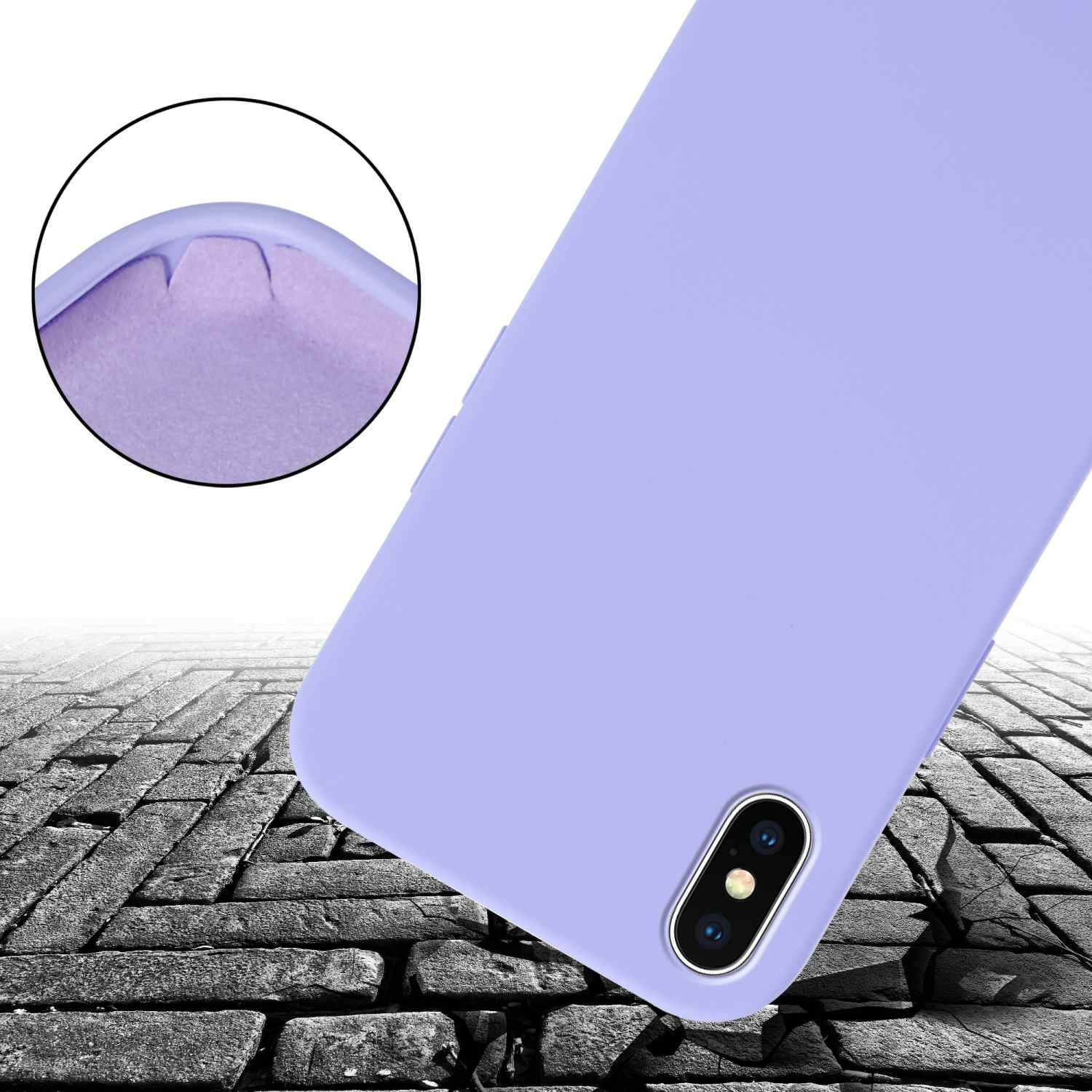 Custodia per telefono viola con crepe sotto. Sfondo bianco.