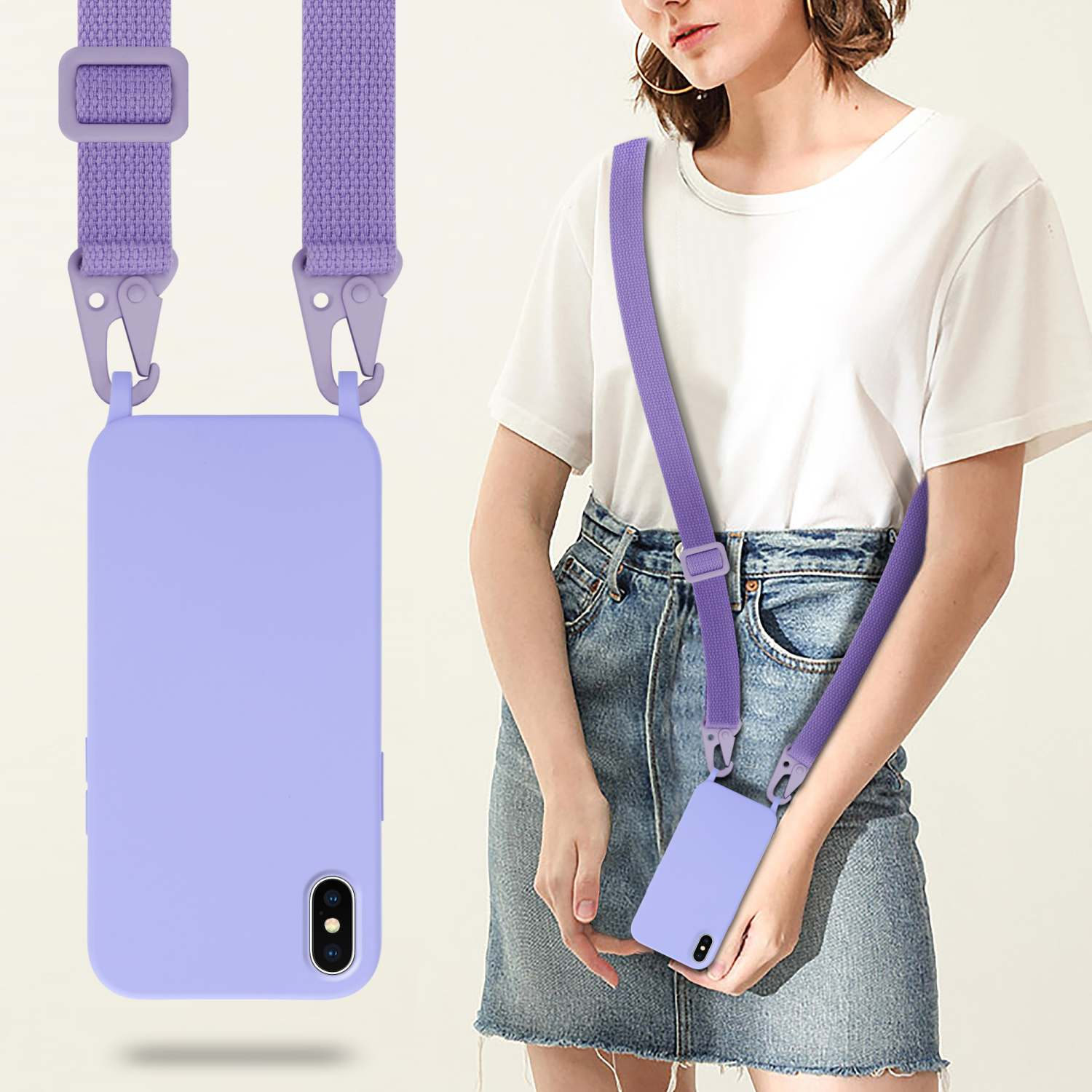 Donna con custodia e cinturino viola per telefono. La custodia è attaccata al cinturino e indossata a tracolla.