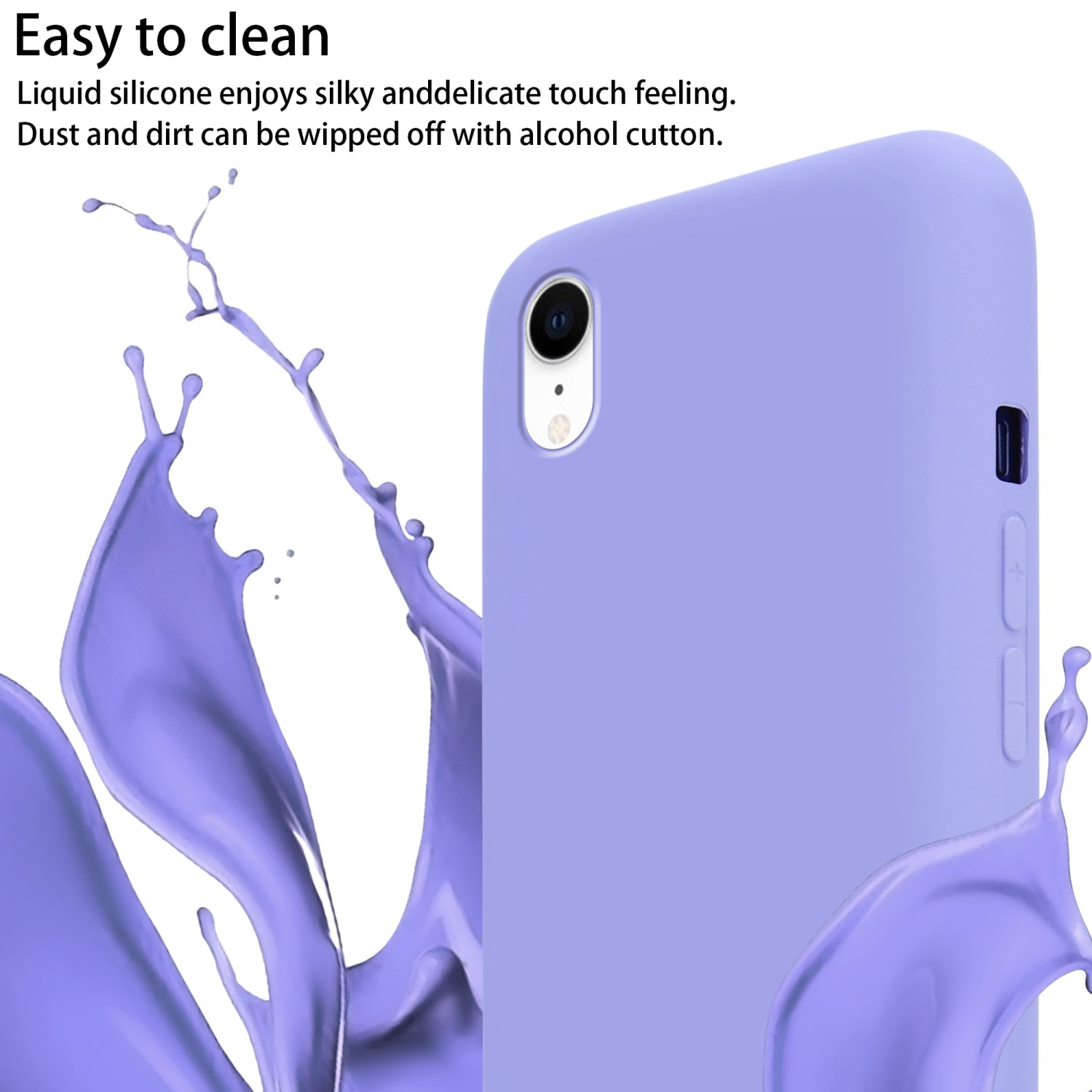 Custodia lilla per telefono con schizzi di vernice e la scritta "Easy to clean". Il telefono ha fotocamera e tasti.