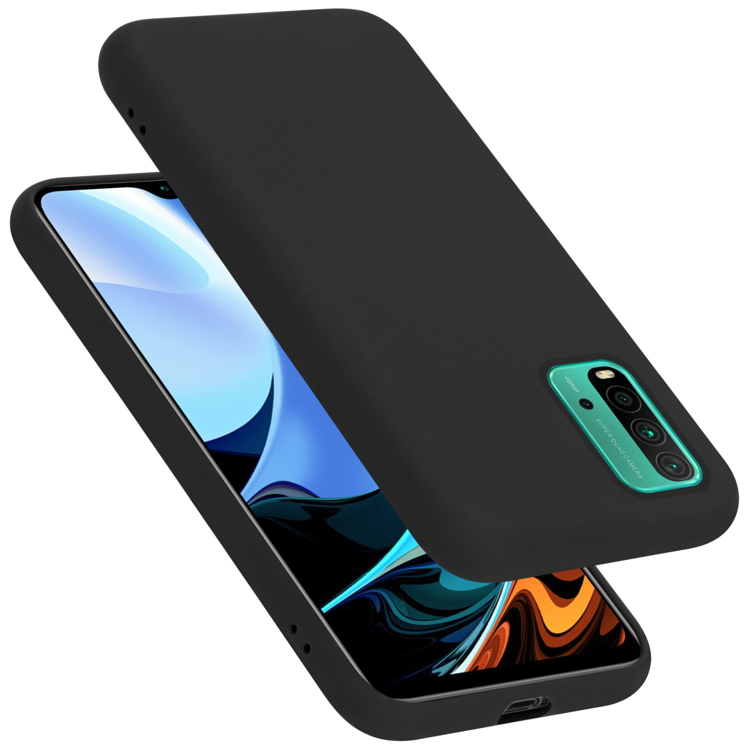 Schwarze Handyhülle mit Telefon darin. Sie ist schwarz mit Kameraausschnitt und leicht geöffnet.