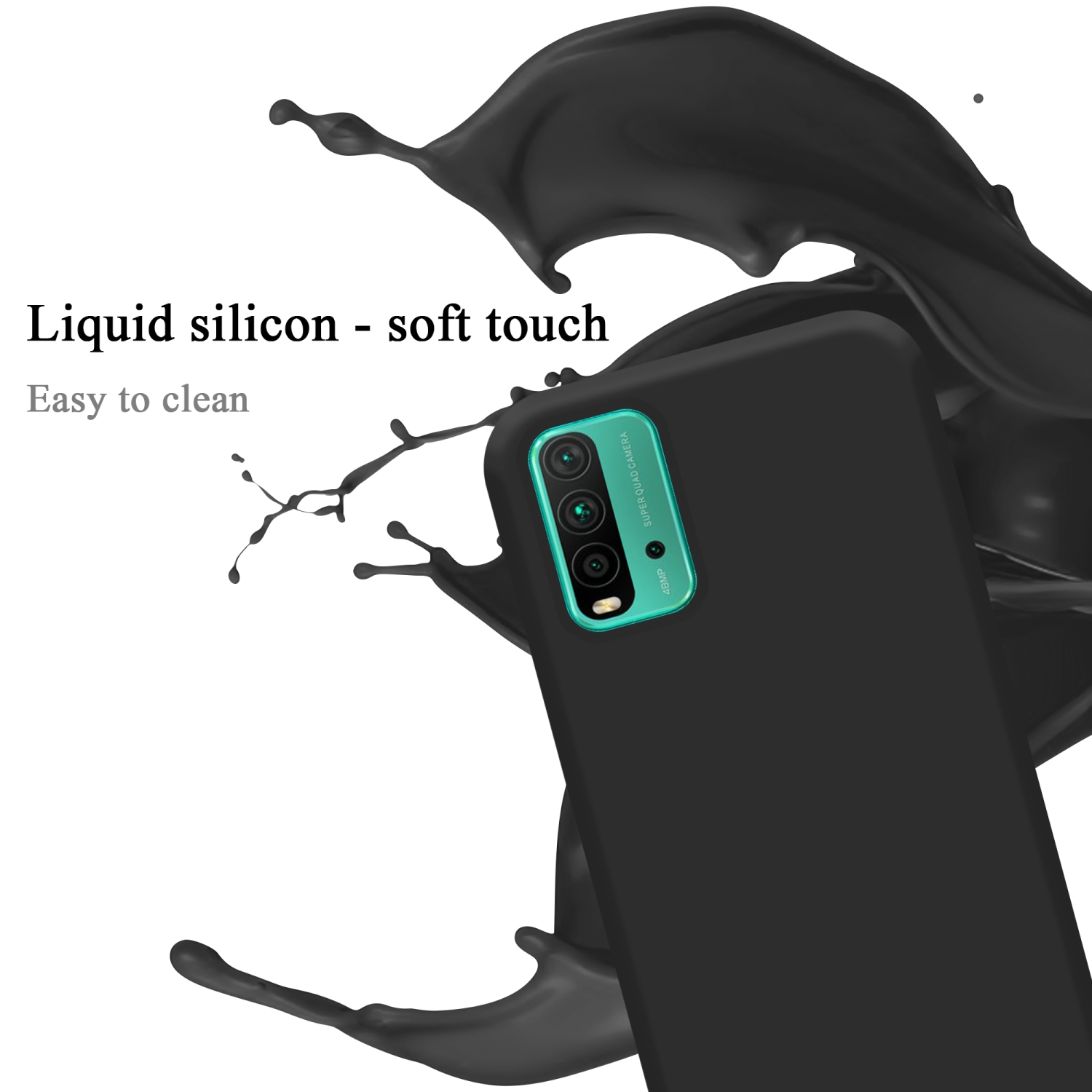Schwarze Handyhülle mit schwarzem Spritzer, zeigt Kameraausschnitt und Telefon.