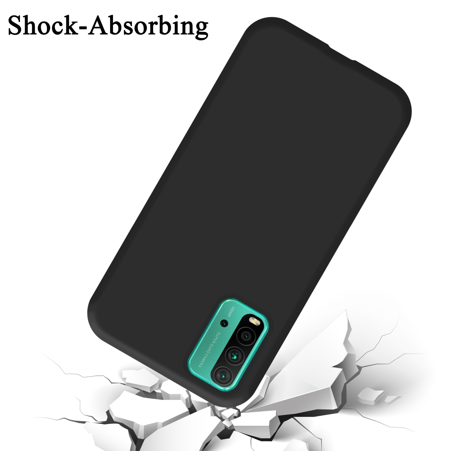 Schwarze Handyhülle mit grünem Kamerabereich auf weißer Oberfläche mit Rissen; Text: 'Shock-Absorbing'.