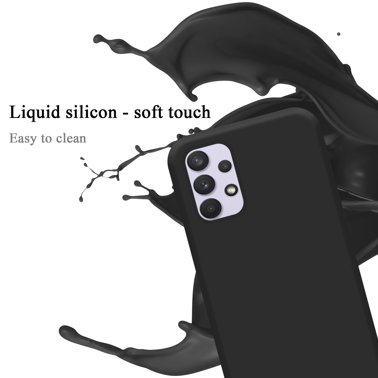 Schwarze Handyhülle mit Flüssigkeitsspritzer, Kameralinsen, Text: 'Liquid silicon - soft touch'.