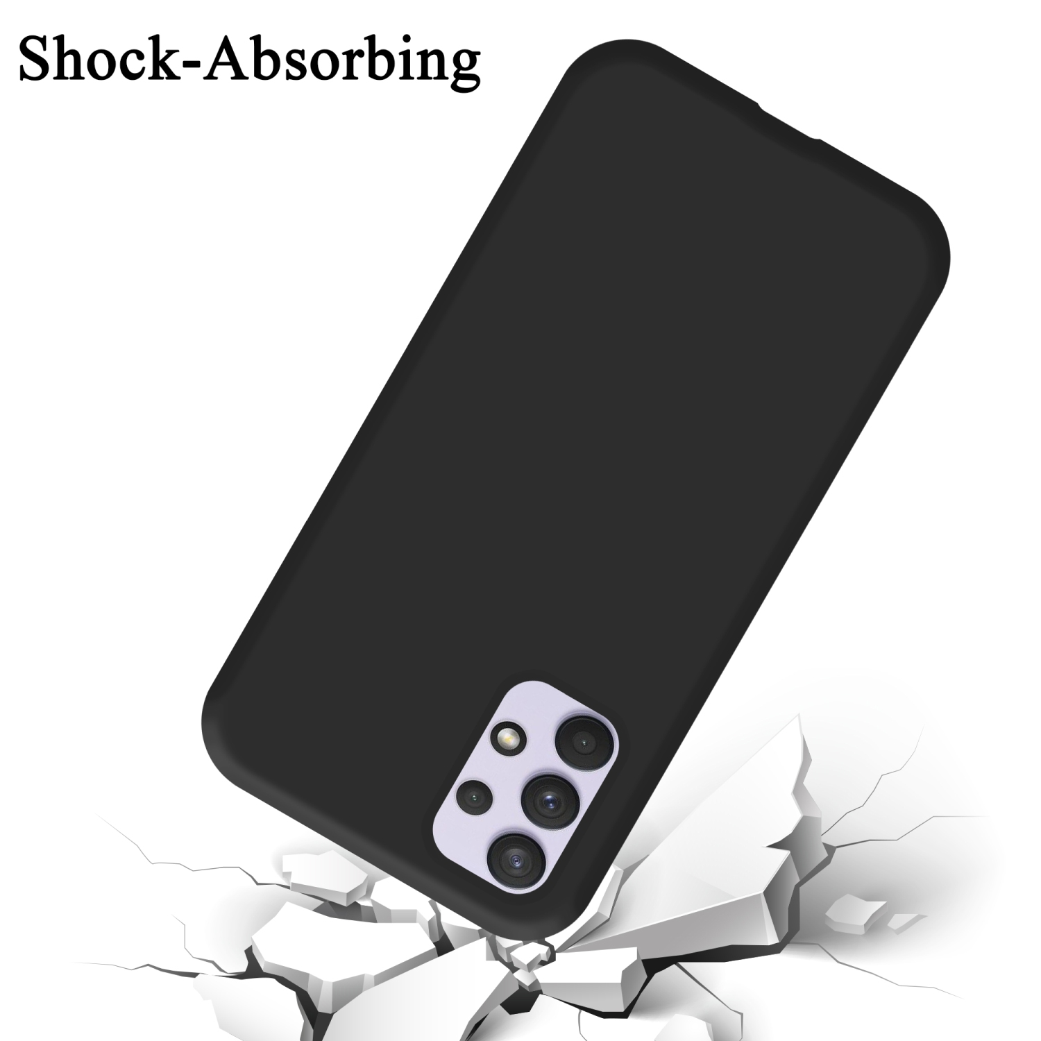 Schwarze Handyhülle mit Kamera, die auf eine zerbrochene Oberfläche fällt. Text 'Shock-absorbing' sichtbar.