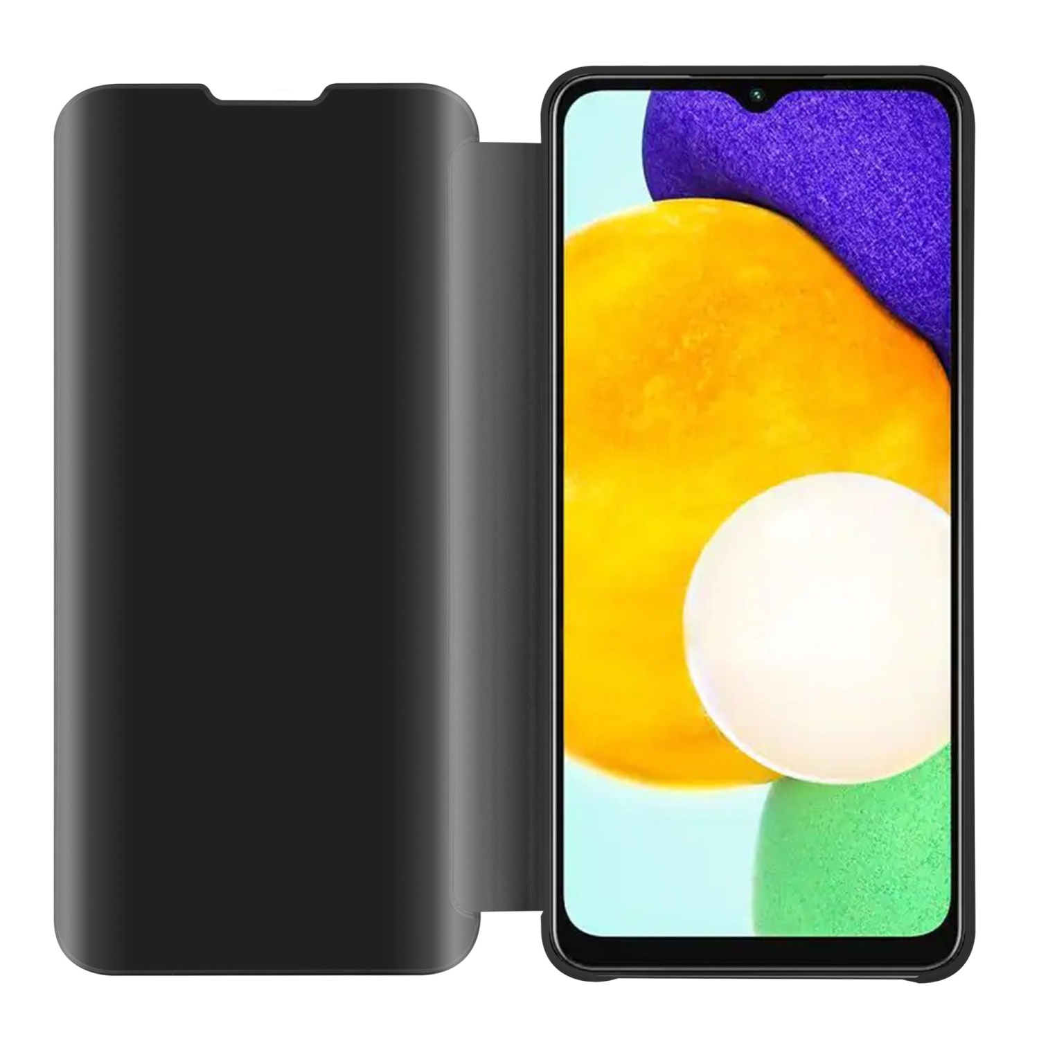 Custodia nera per telefono con un telefono che mostra un design arancione e bianco.