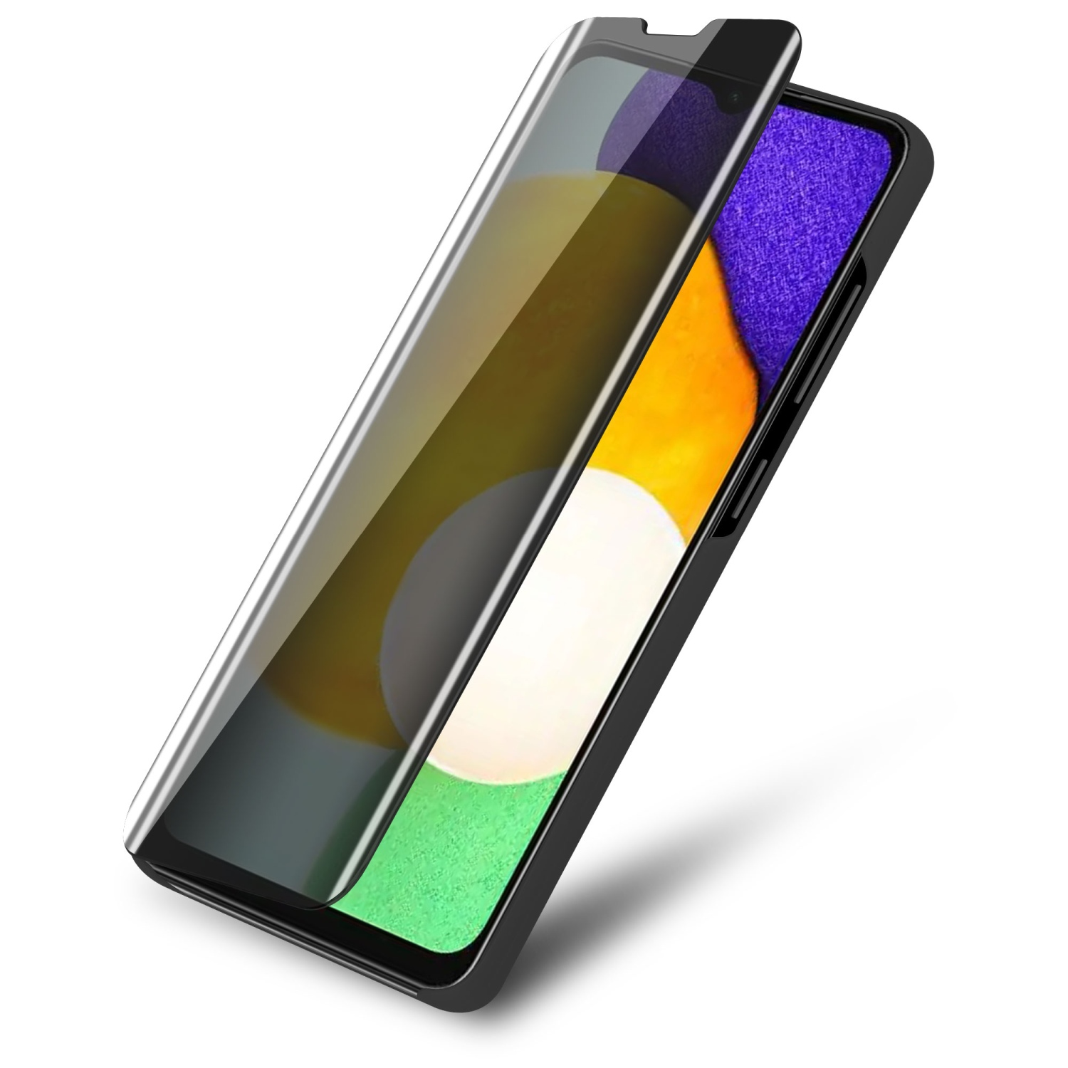 Uno smartphone con una protezione per lo schermo, che mostra il contenuto. Il telefono è nero.