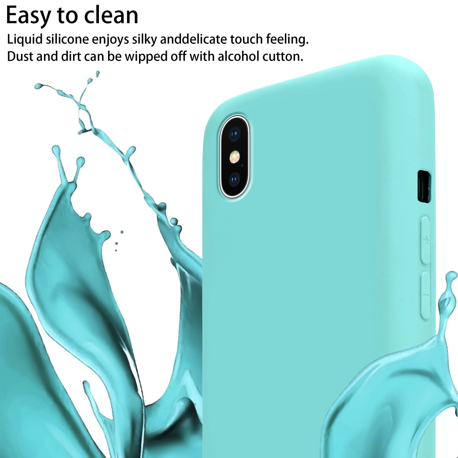 Una custodia per telefono turchese con schizzi d'acqua sul lato.