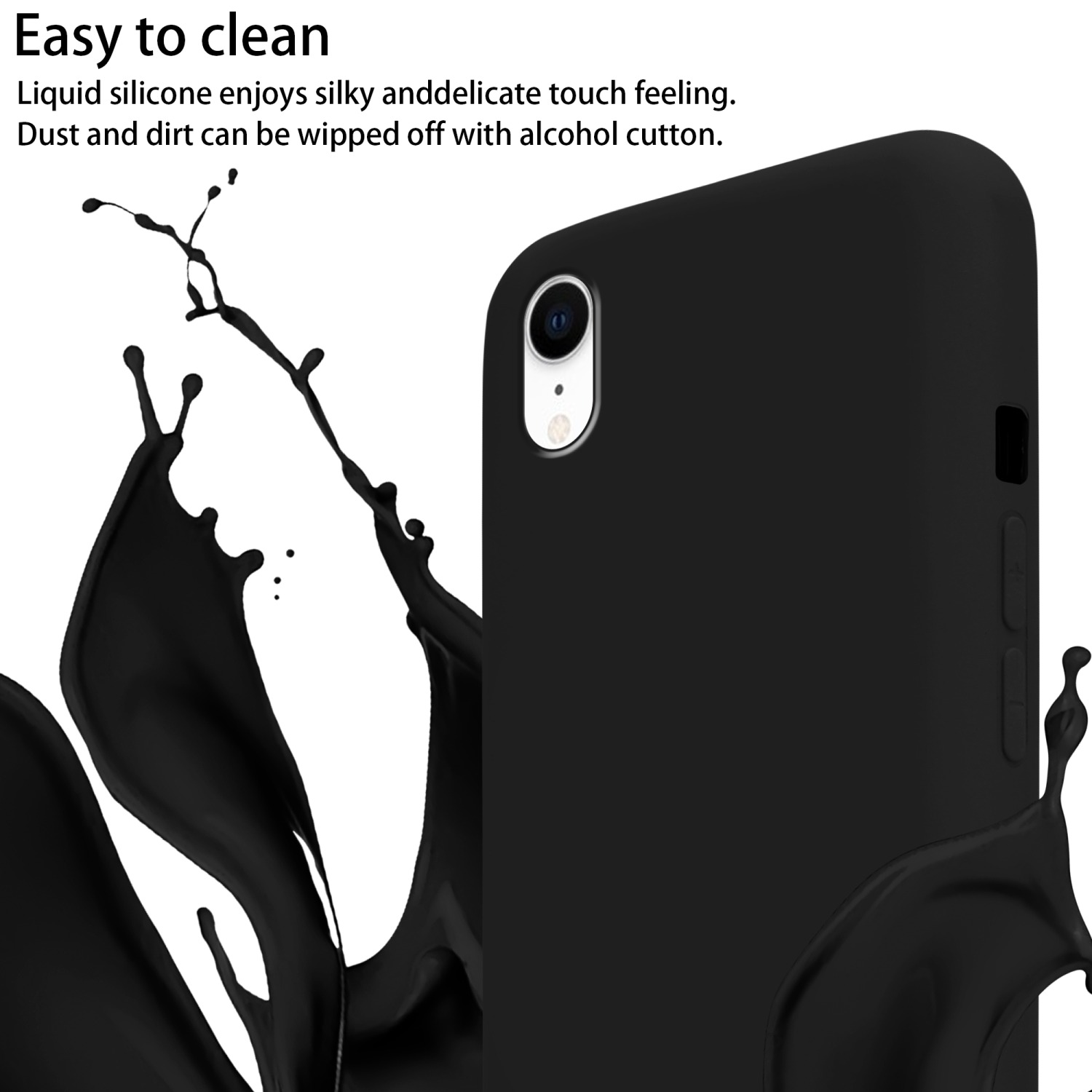 Custodia nera per telefono con schizzo di vernice nera, sfondo bianco.