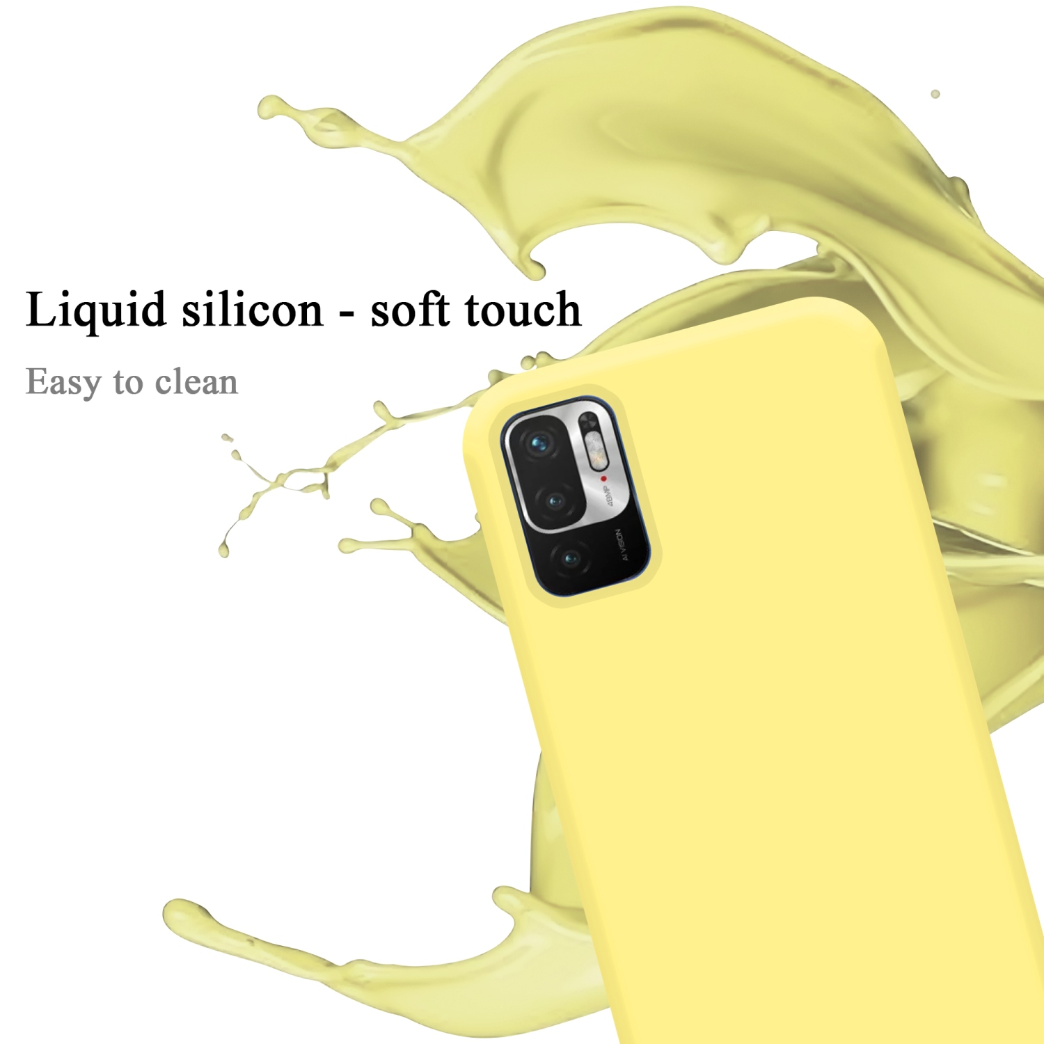 Eine gelbe Handyhülle mit Telefon, Flüssigkeitsspritzer und Text 'Liquid silicon - soft touch'.