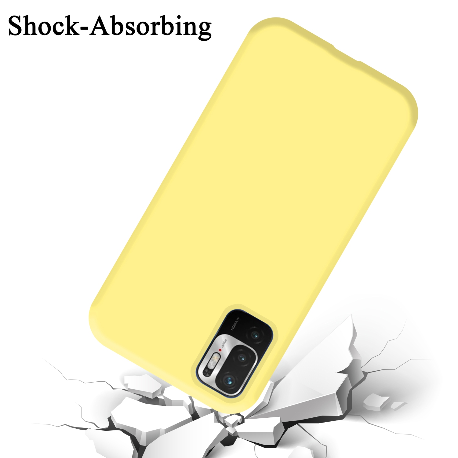 Eine gelbe Handyhülle mit leicht geneigtem Telefon auf einer zerbrochenen Oberfläche.