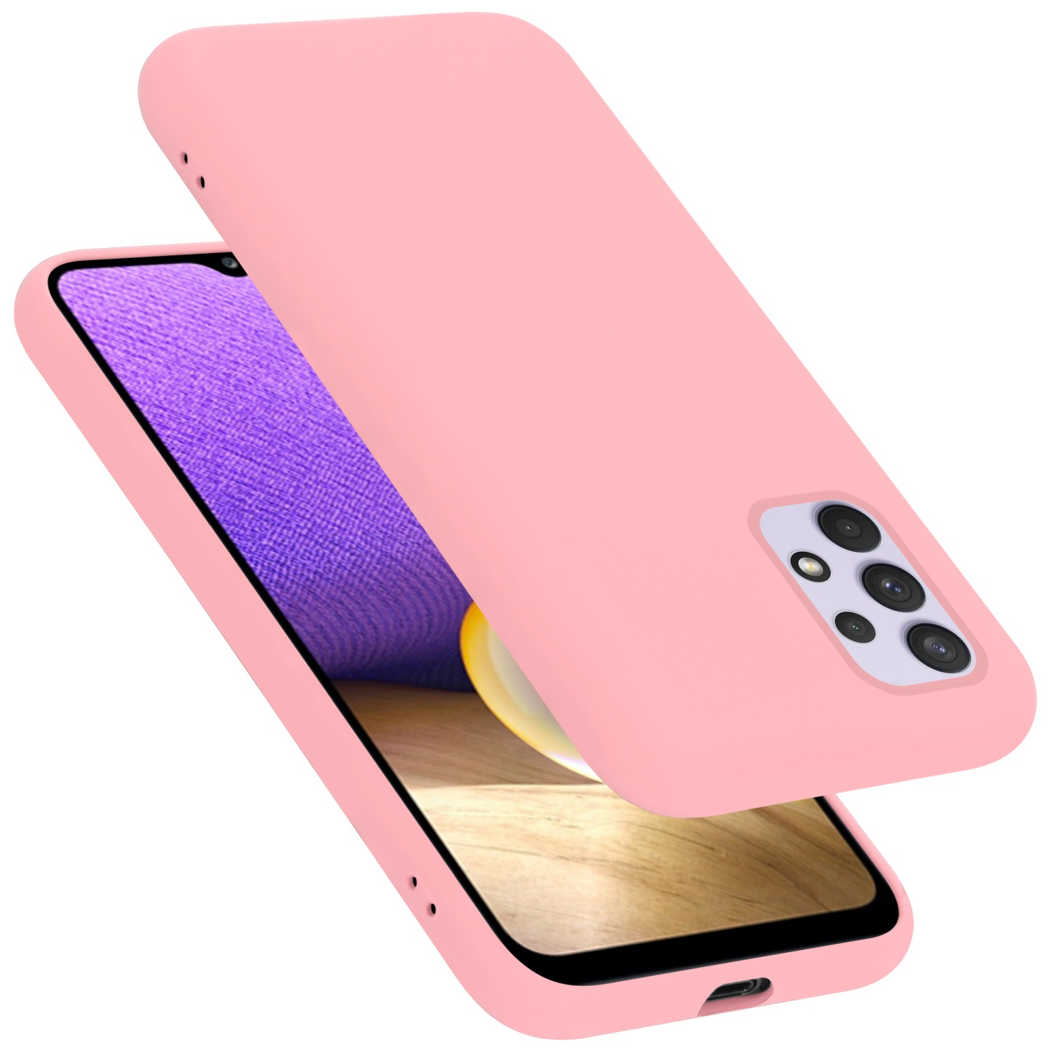 Rosa Handyhülle mit Telefon, angewinkelt, zeigt Telefon und Hülle.