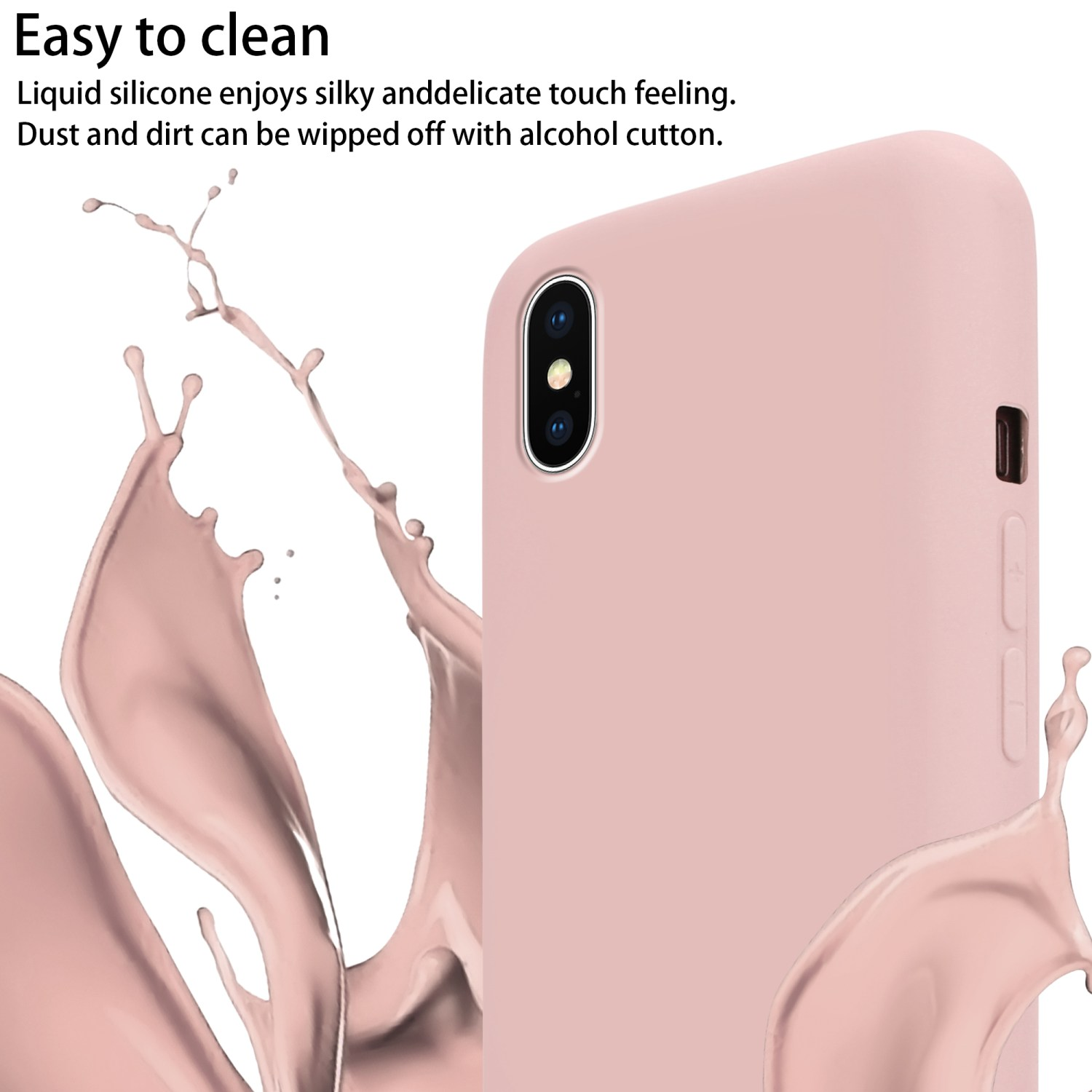 Custodia per telefono rosa con silicone liquido, effetto spruzzo, che suggerisce una facile pulizia con alcool.