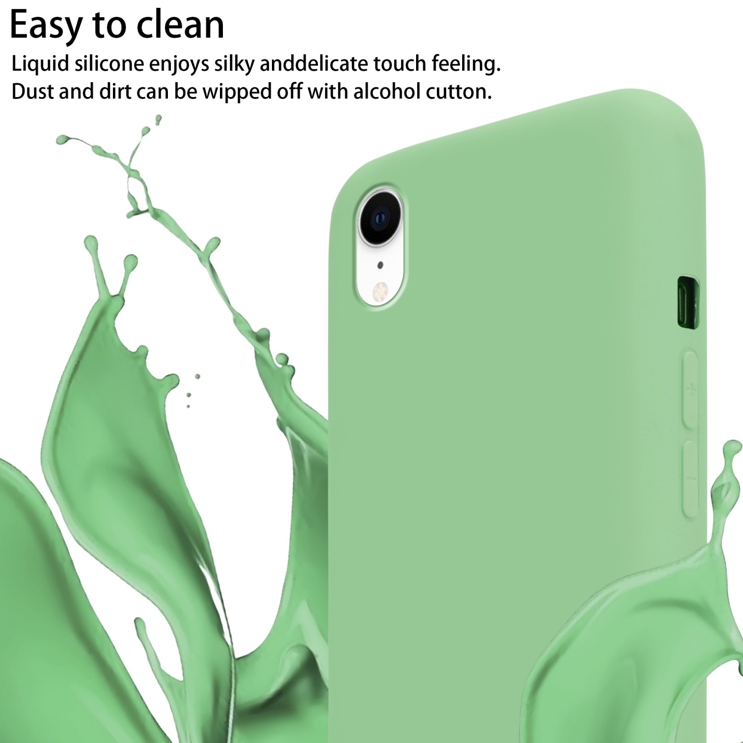 Una custodia per telefono verde con uno spruzzo di liquido verde. La custodia è a destra.