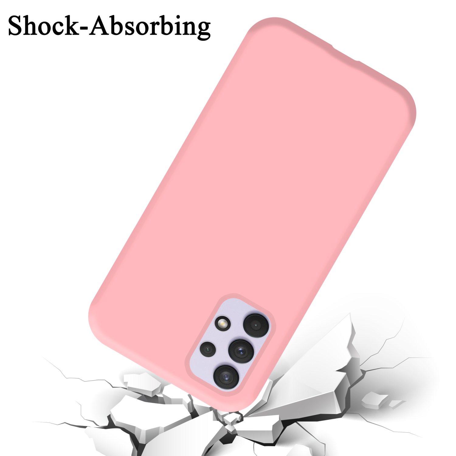 Eine rosa Handyhülle wird gezeigt, das Telefon befindet sich in der Hülle. Es ist als stoßabsorbierend gekennzeichnet.