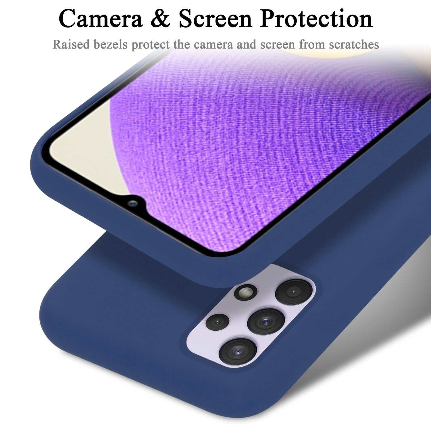 Custodia blu per telefono che protegge lo schermo e la fotocamera. Protezione fotocamera e schermo.