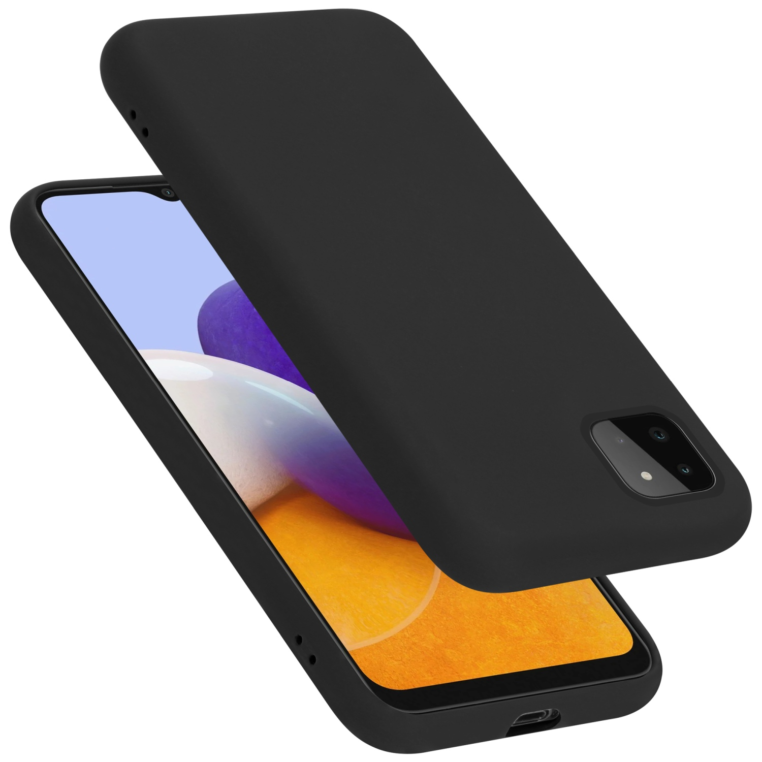 Schwarze Handyhülle mit einem Telefon. Die Hülle ist oben und das Telefon unten.