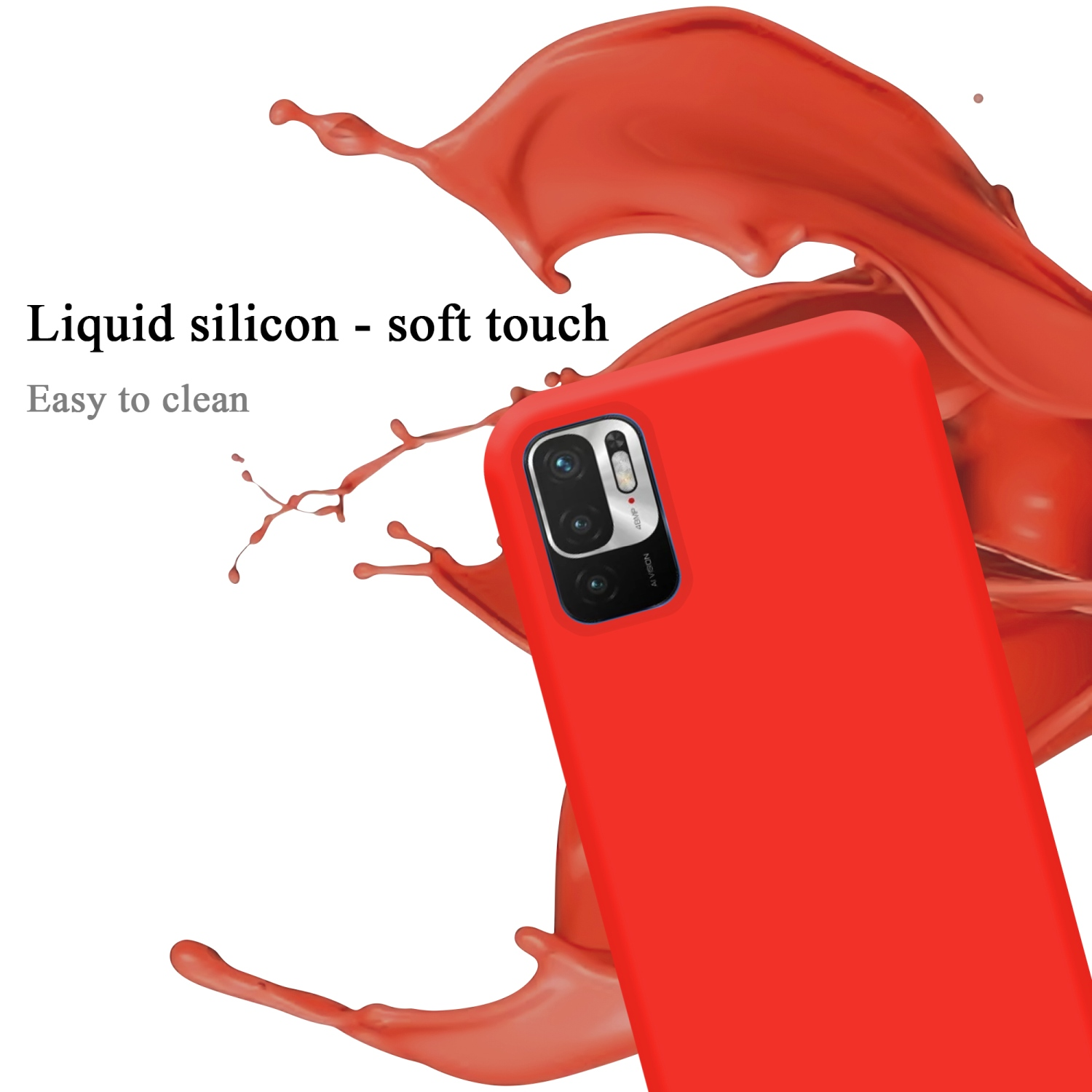 Rote Handyhülle mit Telefon, Flüssigkeitsspritzer-Illustration und Texten: 'Liquid silicon- soft touch'.