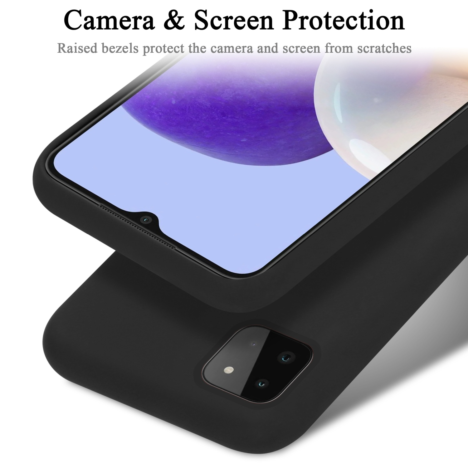 Schwarze Handyhülle mit einem Telefon darin. Der Bildschirm zeigt eine Benutzeroberfläche, und die Hülle ist leicht geöffnet.