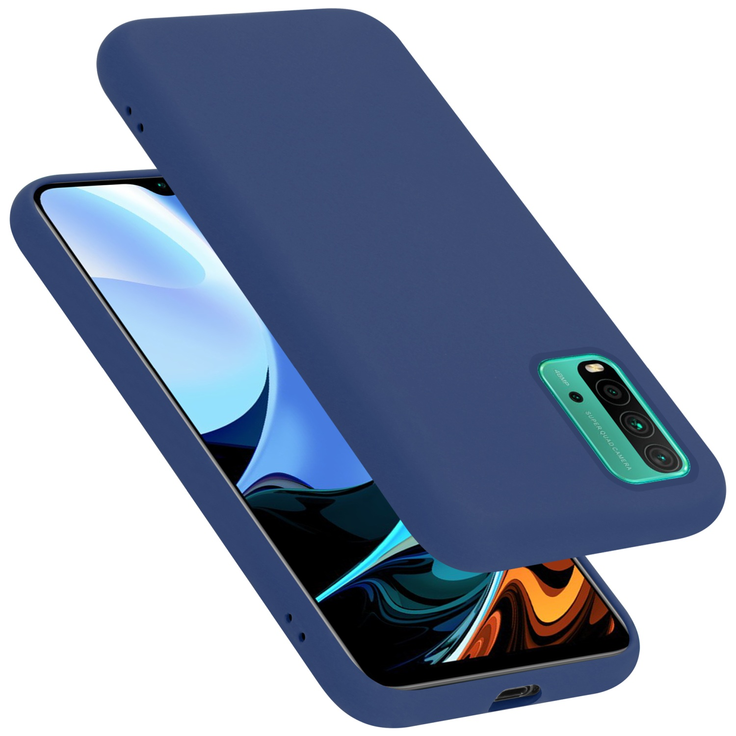 Blaue Handyhülle mit Kameraaussparung, Telefon sichtbar, isoliert auf weißem Hintergrund.