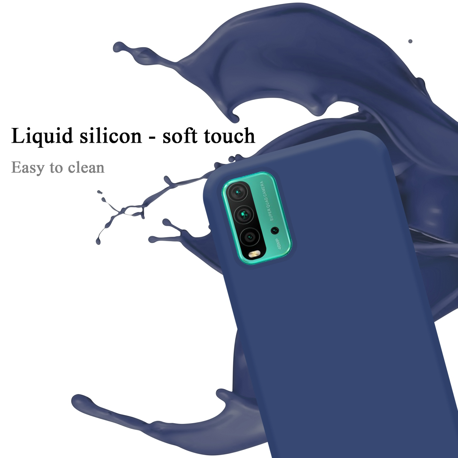 Blaue Handyhülle mit Telefon. Flüssiges Silikon. Blauer Farbspritzer im Hintergrund.