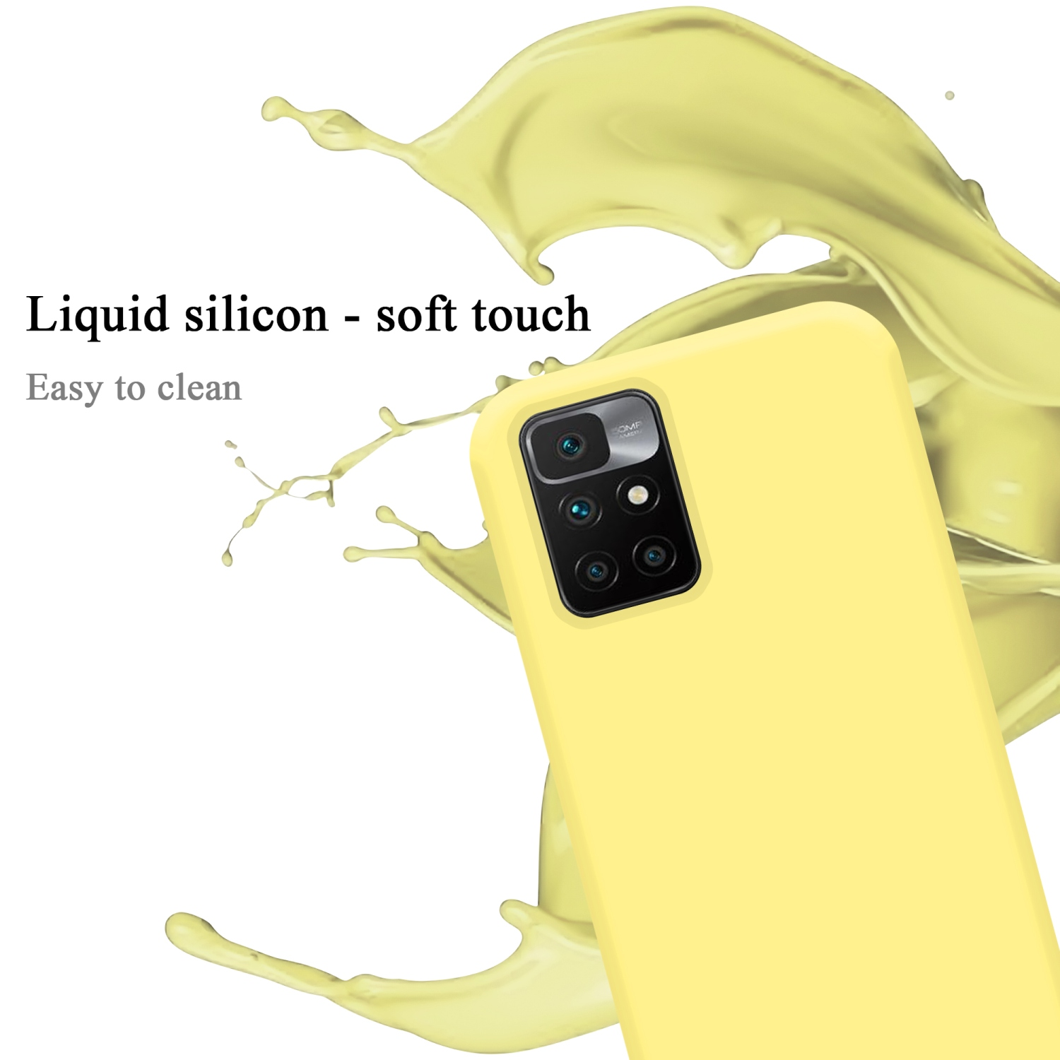 Gelbe Handyhülle mit gelbem Flüssigkeitsspritzer, Kameradetails sichtbar.