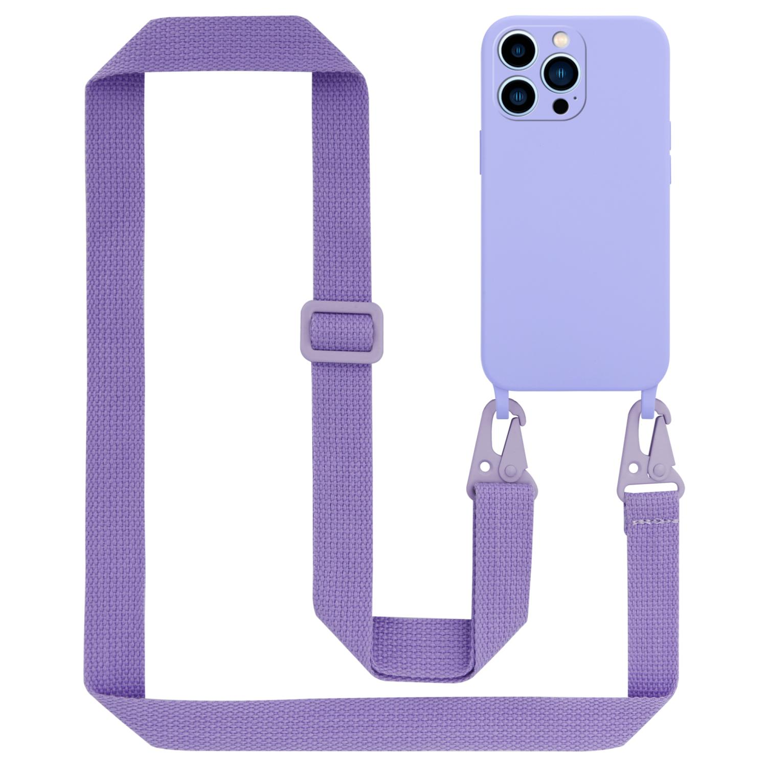 Custodia per telefono viola con cinturino. La custodia ha tre fotocamere. Il cinturino ha una fibbia e clip.