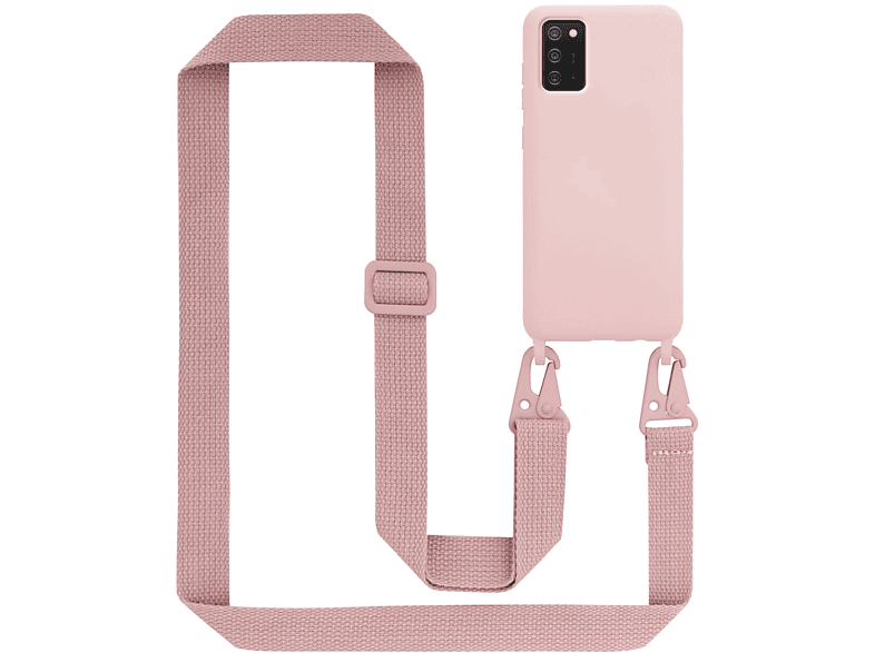 CADORABO Handy Silikon LIQUID längen Backcover, Galaxy Kordel Kette Samsung, verstellbaren mit PINK Band, Schutzhülle A02s