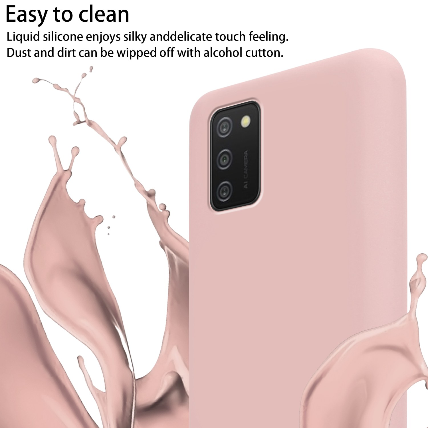 Una custodia rosa per telefono con telefono e tre lenti della fotocamera. Schizzi di vernice rosa.