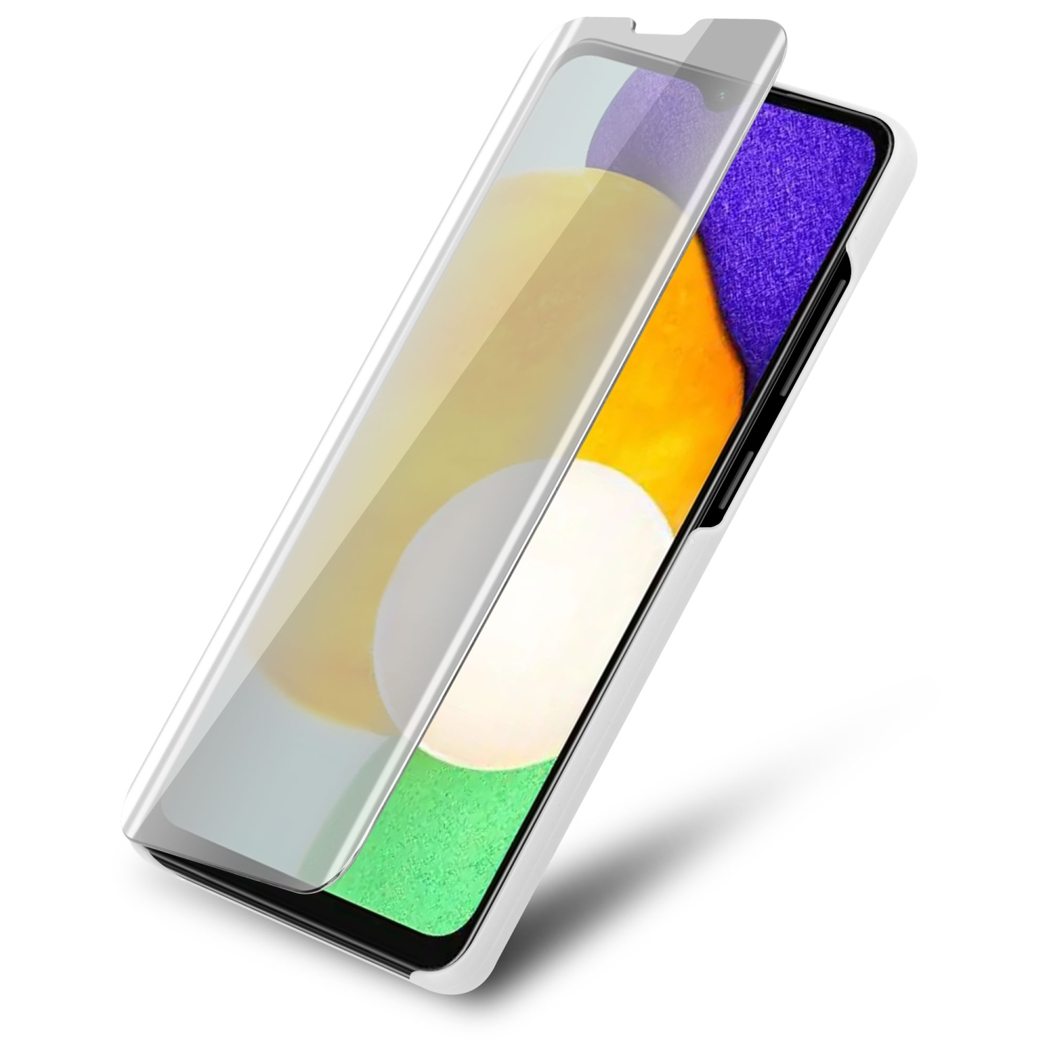 Weiße Handyhülle mit klarer Displayschutzfolie, zeigt den Bildschirm des Telefons.