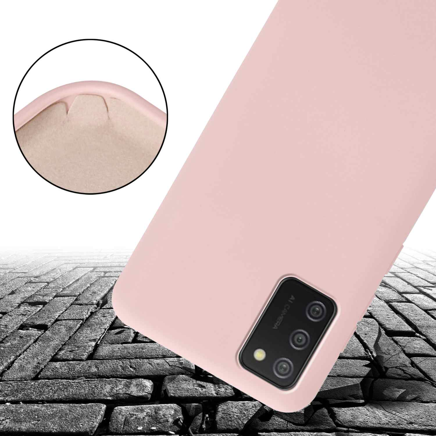 Custodia per telefono rosa su sfondo strutturato. Un cerchio mostra l'interno della custodia.