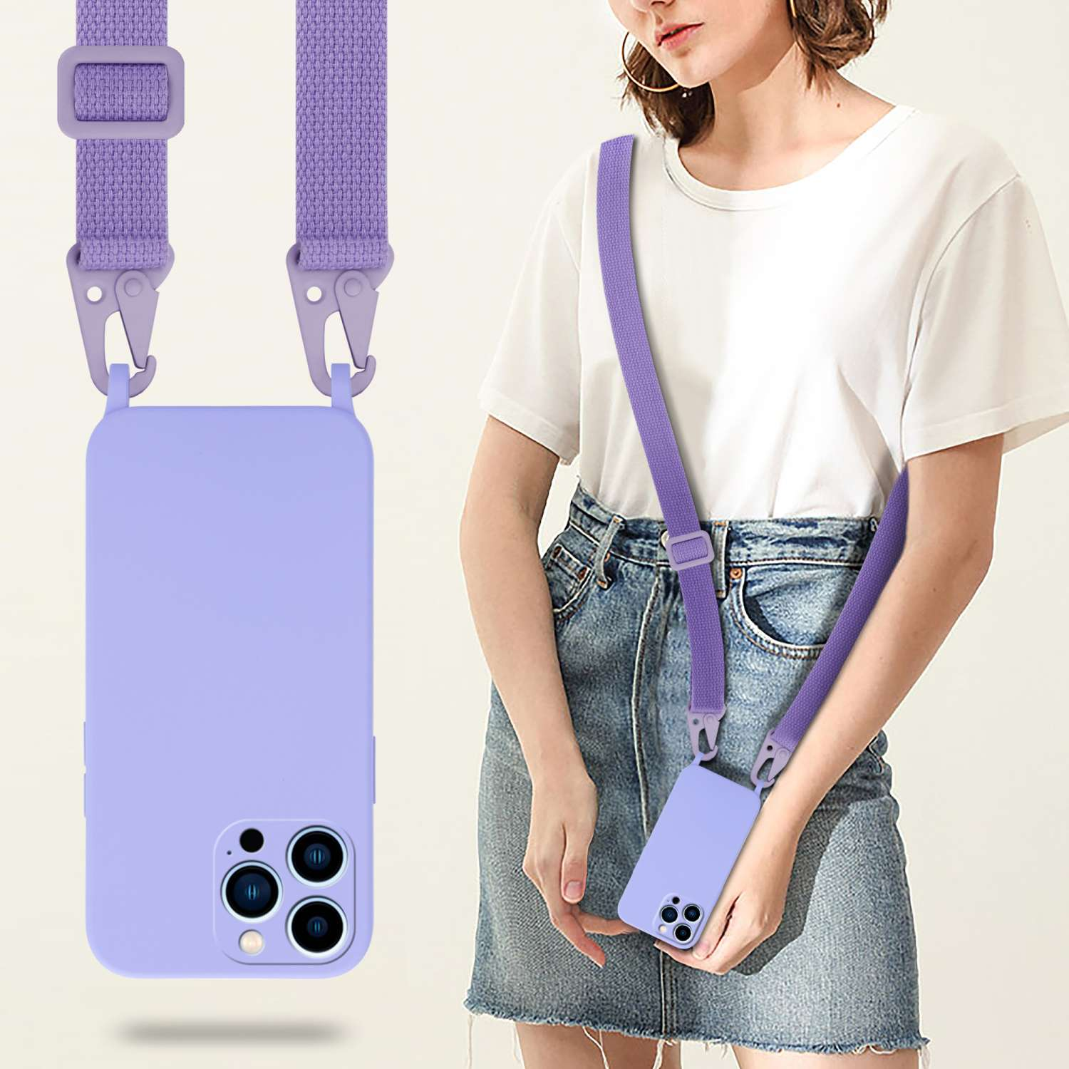 Una donna che indossa una custodia per telefono viola con un cinturino abbinato. Sta tenendo il telefono.