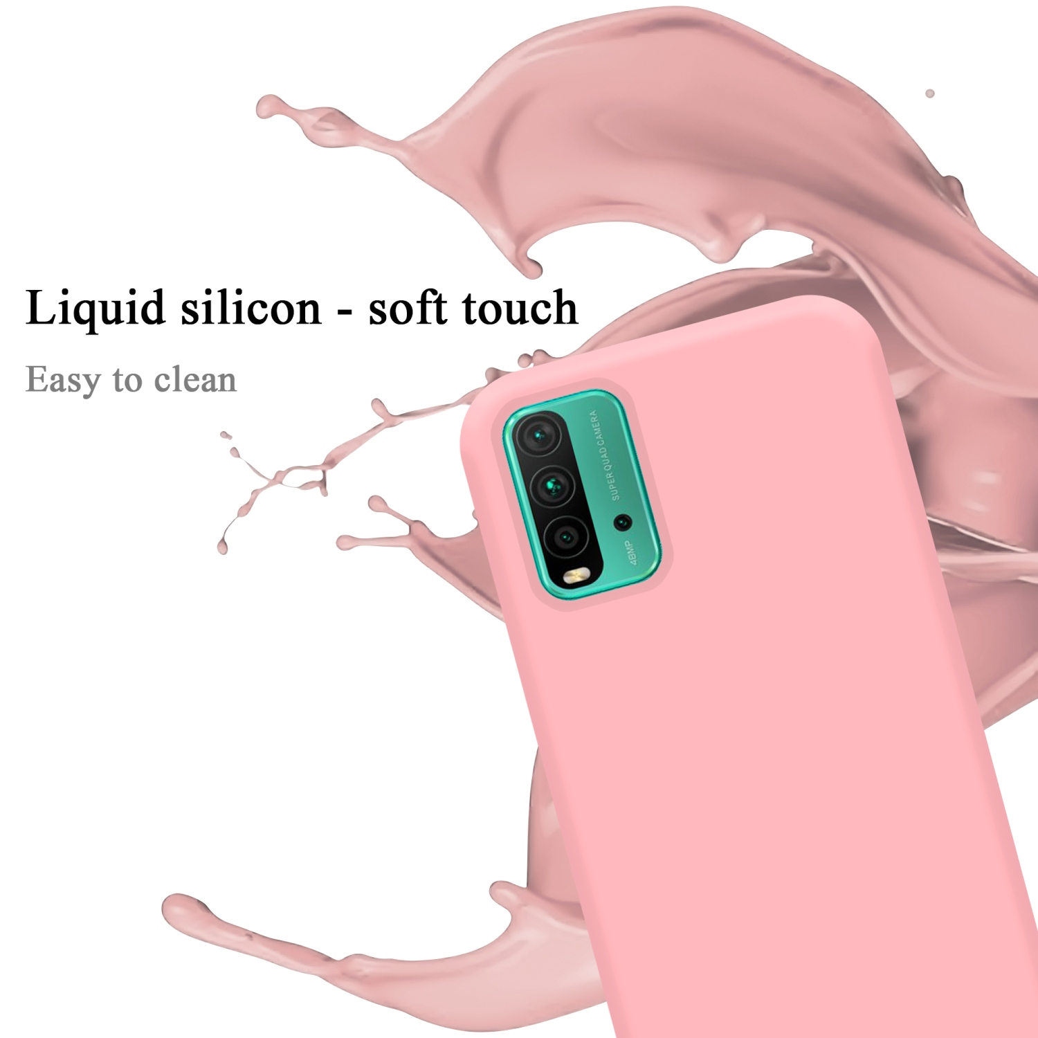Eine rosa Handyhülle mit Telefon, Flüssigkeitsspritzer und Text 'Liquid silicon - soft touch'.