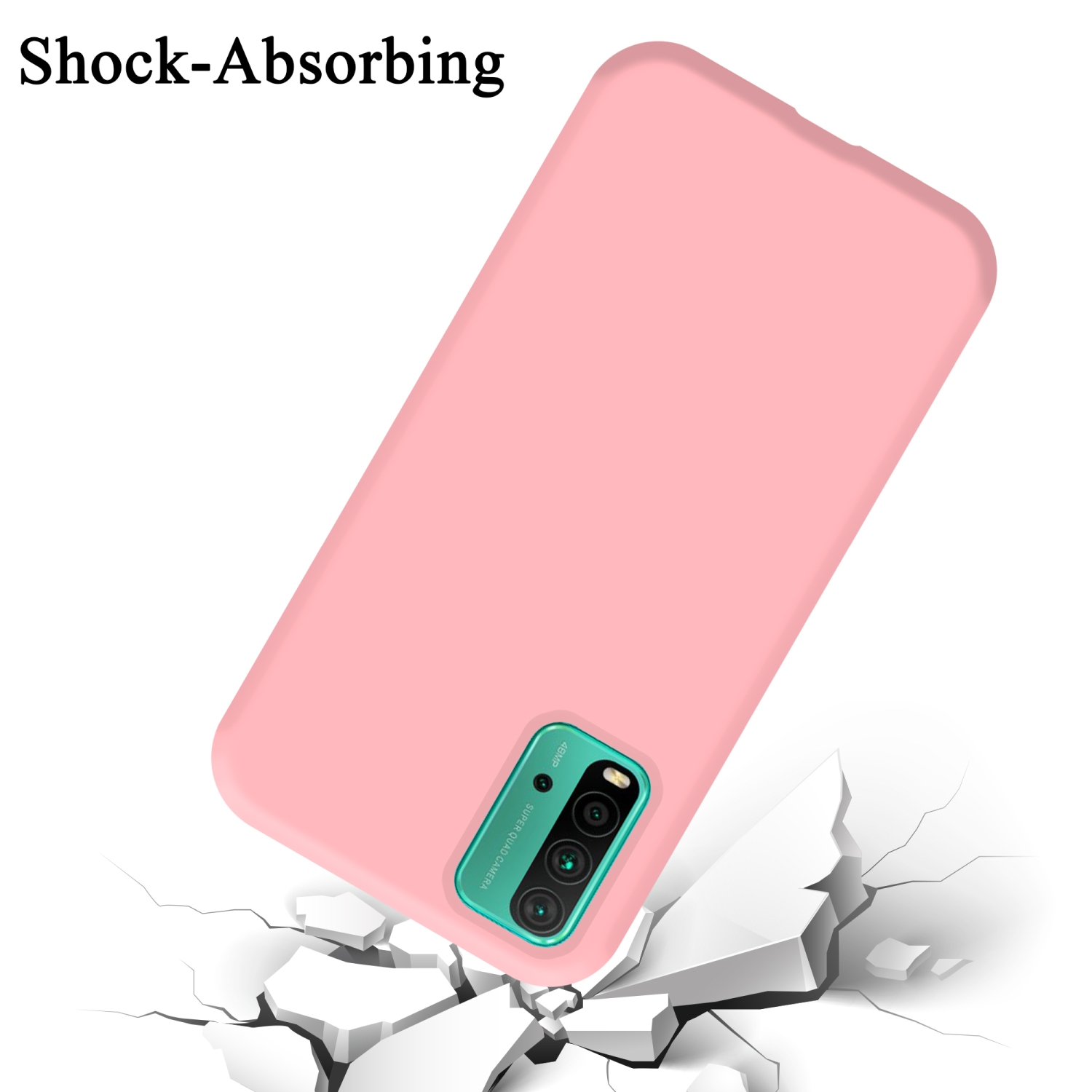 Eine pinke Handyhülle auf weißer, zerbrochener Oberfläche, mit Text 'Shock-Absorbing' darüber.