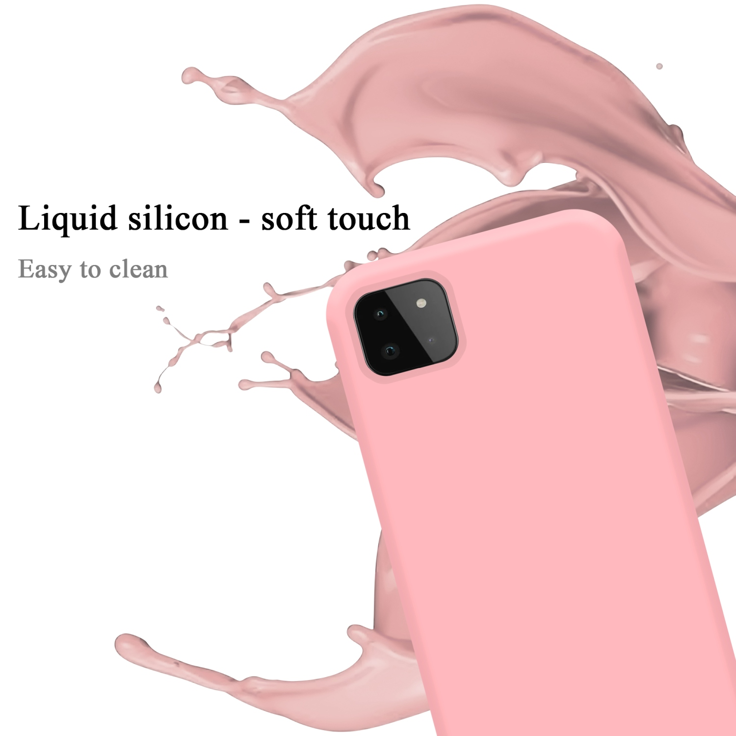 Rosa Handyhülle, Telefon mit mehreren Kameras. Rosa Flüssigkeitsspritzer im Hintergrund. Text: Flüssigsilikon - Soft Touch.