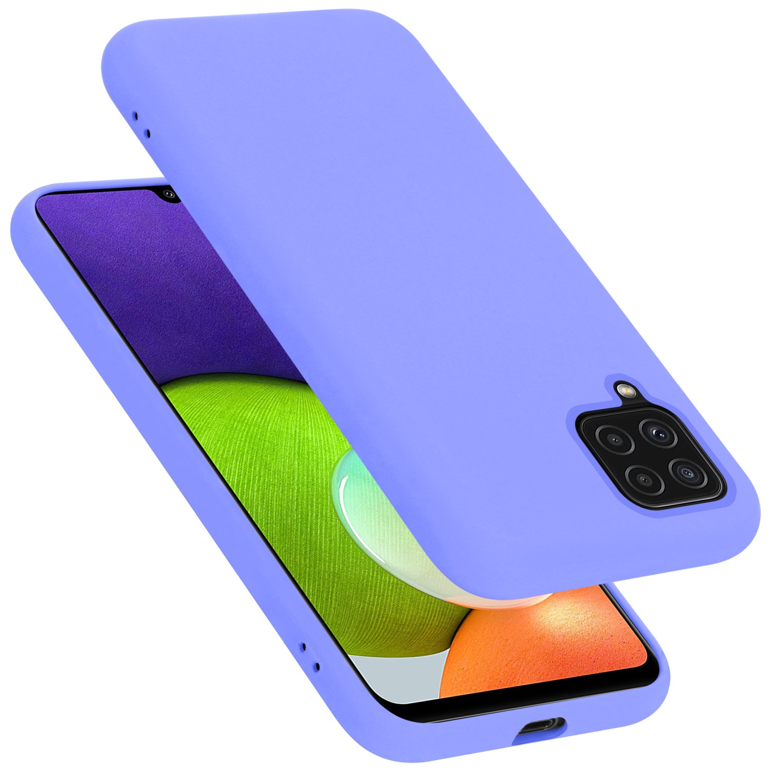 Lila Handyhülle, mit teilweise entferntem Telefon. Der Telefonbildschirm ist sichtbar, mit grünen und gelben Farben.