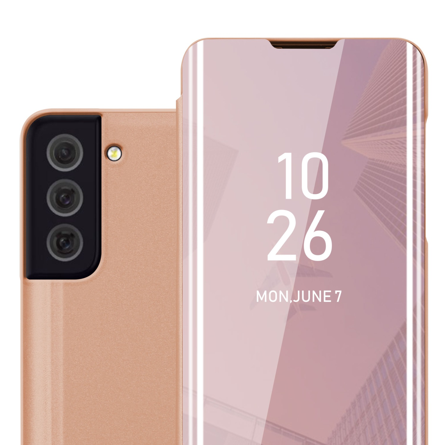 Custodia per telefono oro rosa aperta, che mostra la data sullo schermo. Tre fotocamere sul lato.