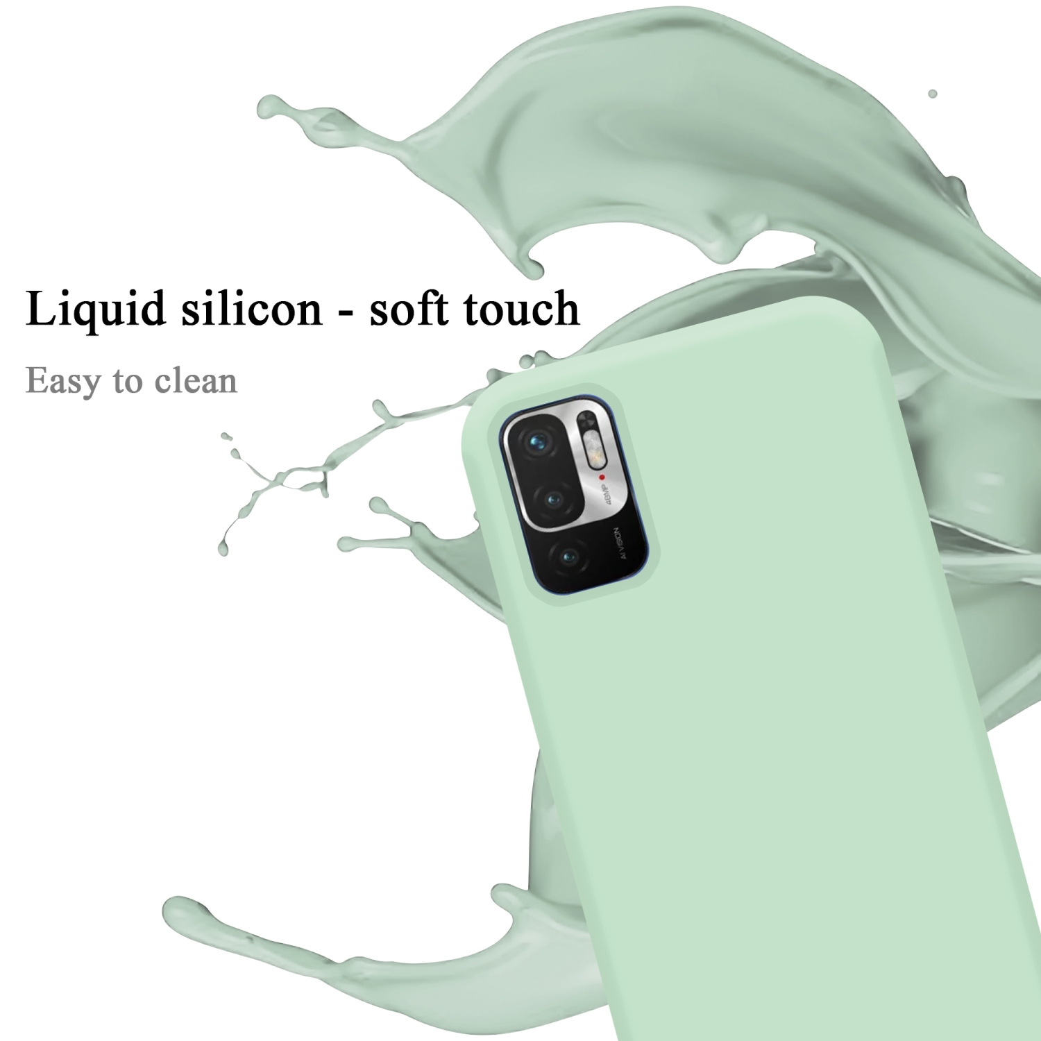 Eine hellgrüne Handyhülle mit Telefon. Text: Flüssigsilikon - Soft-Touch. Leicht zu reinigen. Weißer Hintergrund.