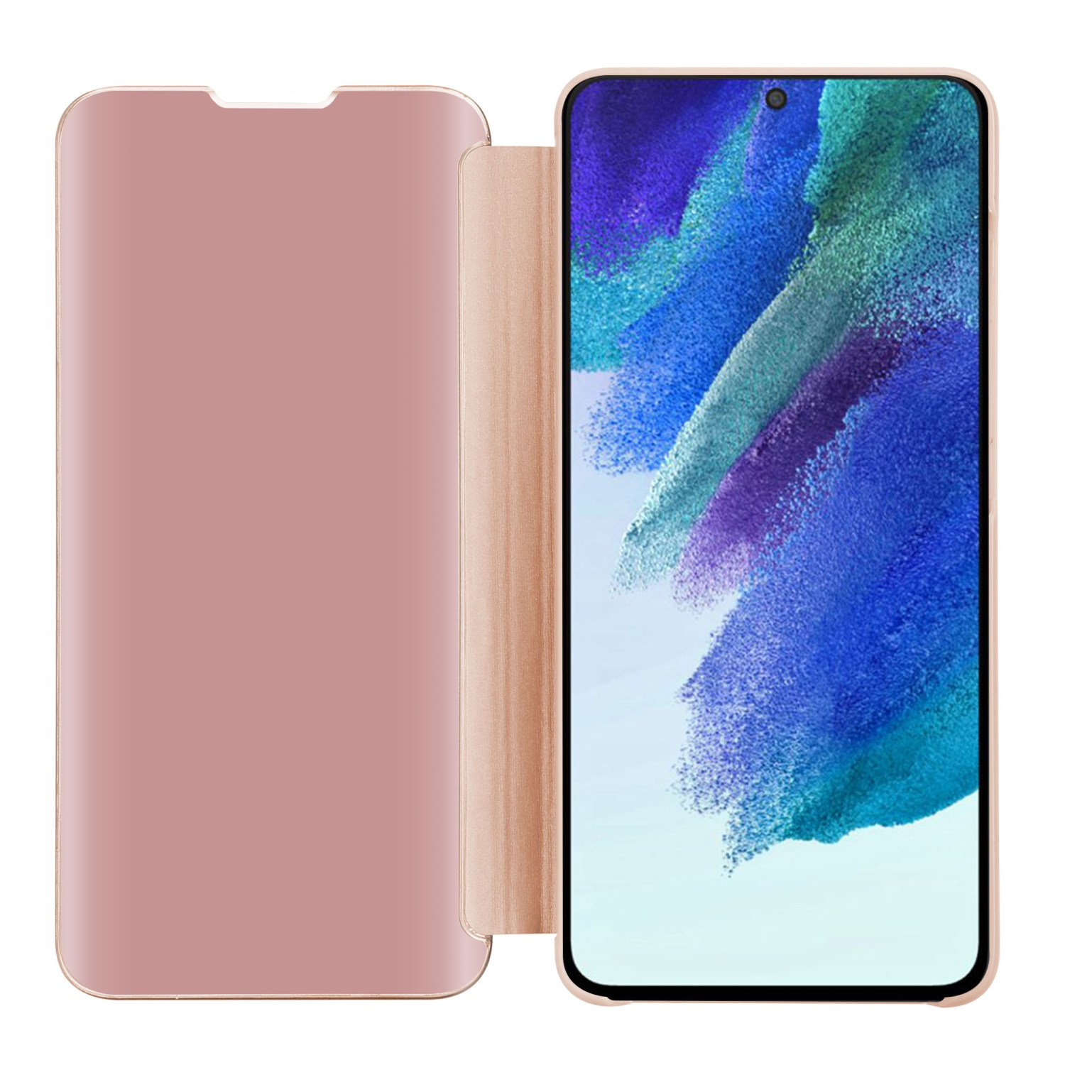 Custodia per telefono color oro rosa con un telefono che mostra un display colorato.