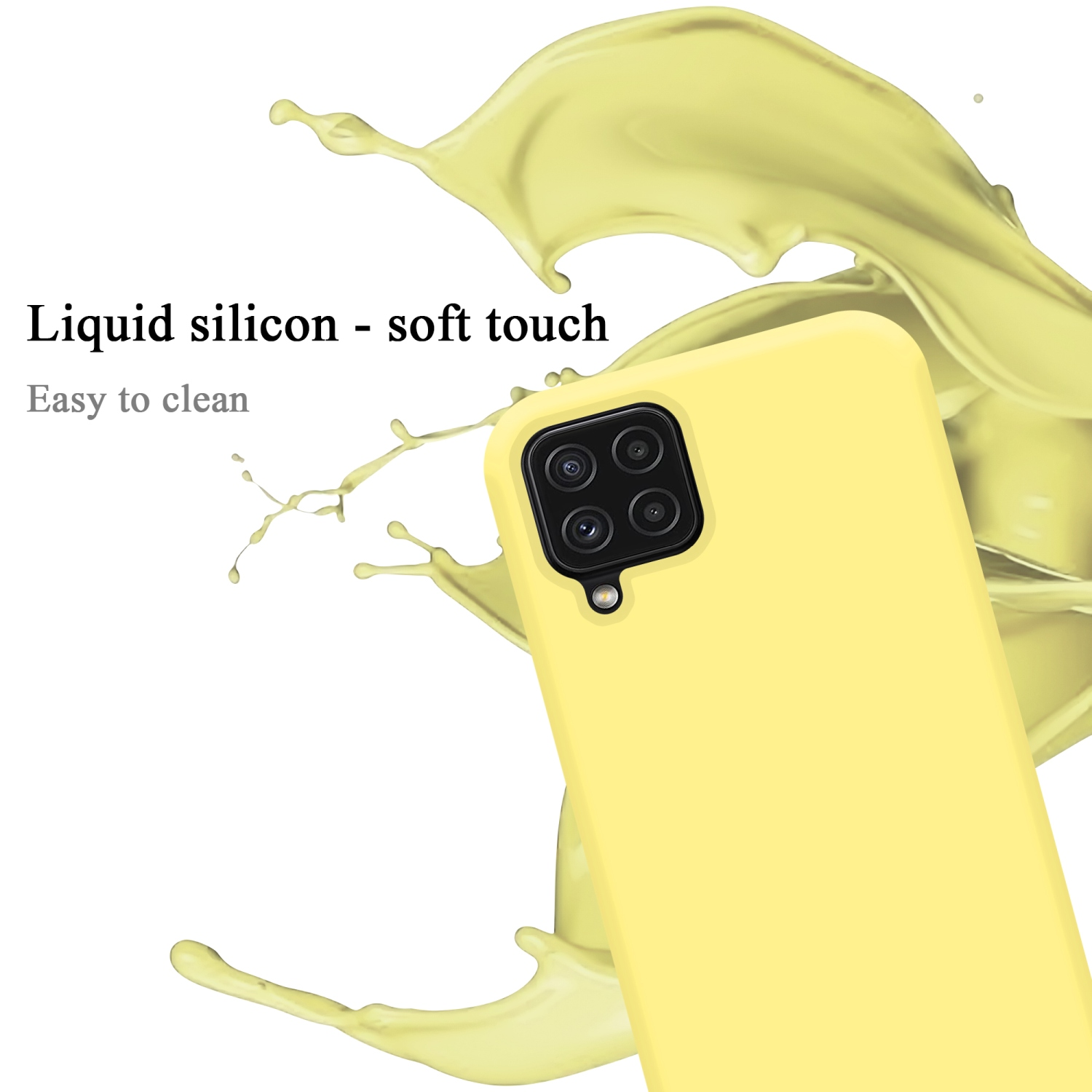 Gelbe Handyhülle mit Soft-Touch. Ein Spritzer Flüssigsilikon im Hintergrund.