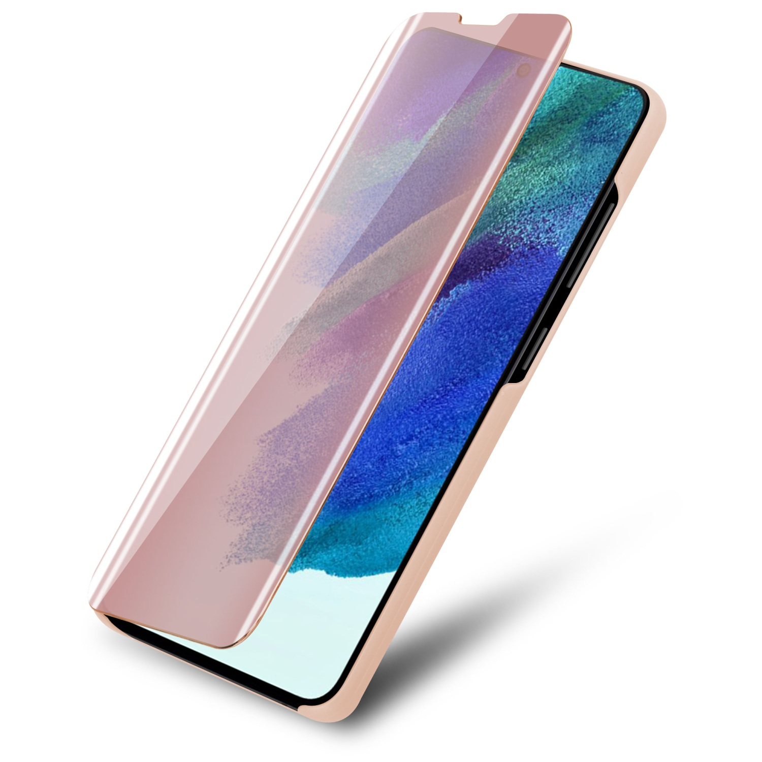 Telefono oro rosa con una cover protettiva. Il telefono è angolato con la cover aperta.