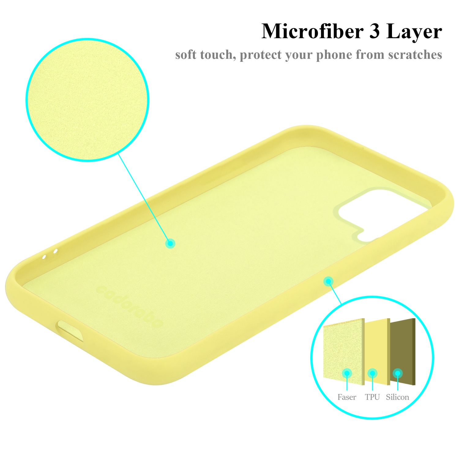 Gelbe Handyhülle mit Schichten. Text: Microfiber 3 Layer.