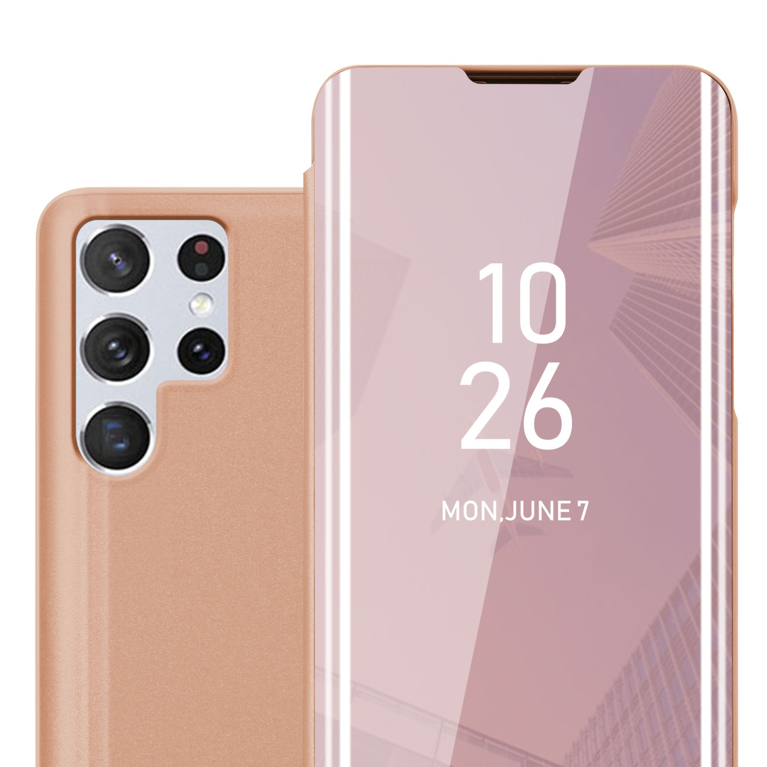 Custodia per telefono oro rosa con schermo visibile che mostra data e ora.