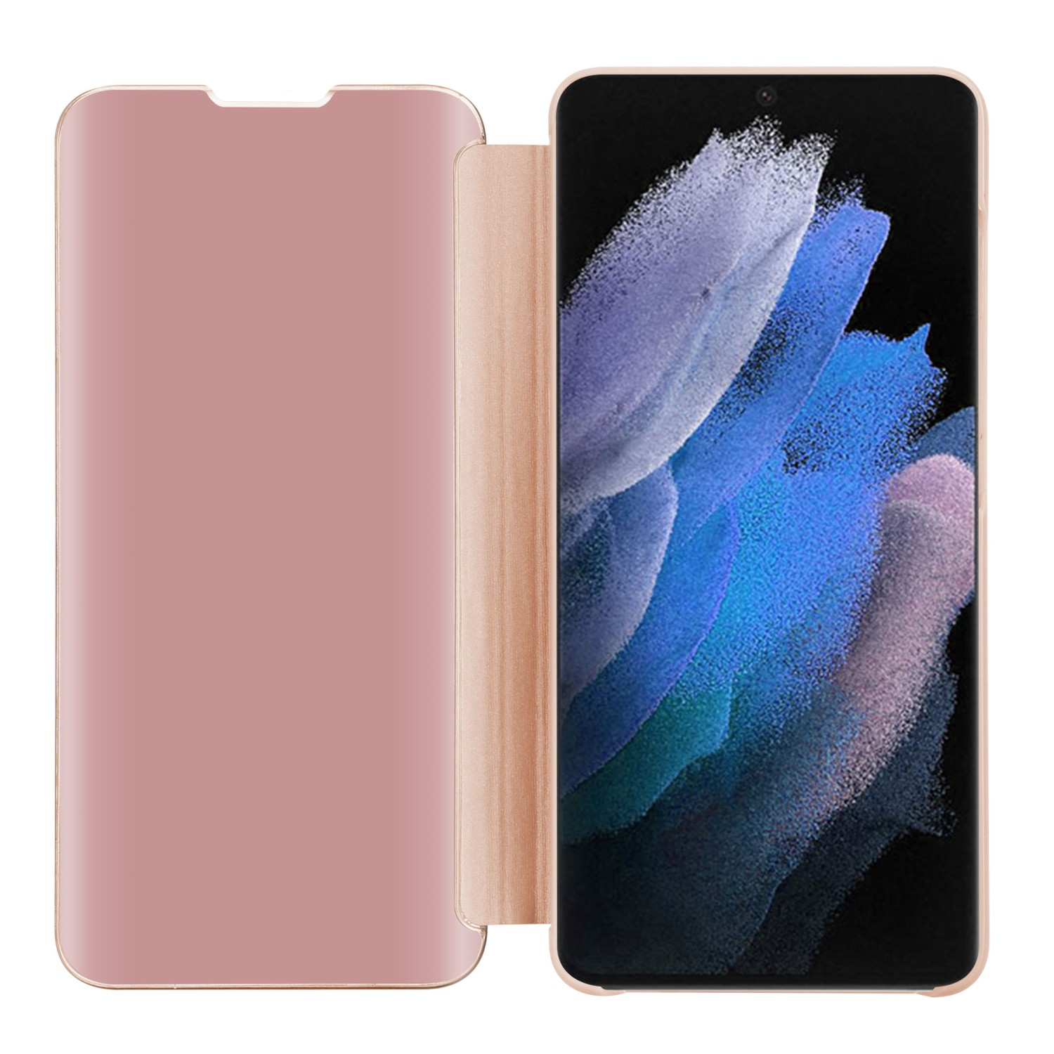 Custodia rosa aperta, mostra lo schermo del telefono. Display blu e viola.