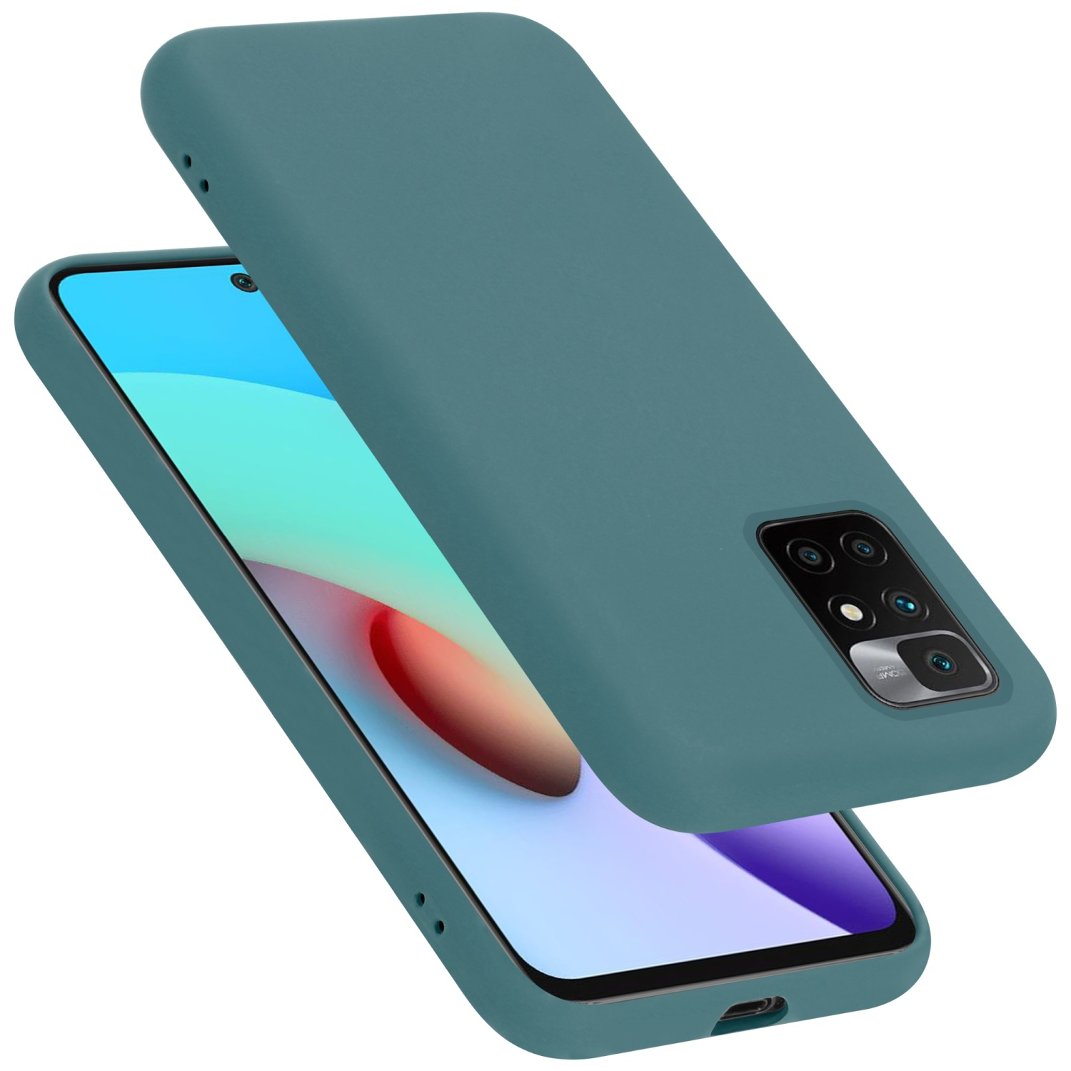 Eine türkisfarbene Handyhülle mit Telefon darin, leicht angewinkelt. Die Kamera ist sichtbar.